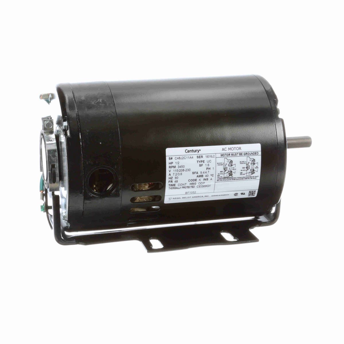 Century Fan and Blower Motor, 1/2 HP, 1 Ph, 60 Hz, 115/208-230 V, 3600 RPM, 48 Frame, ODP - BF1052