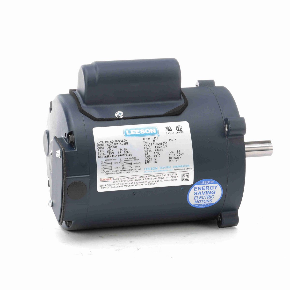 LEESON General Purpose Motor, 0.25 HP, 1 Ph, 60 Hz, 115/230 V, 1800 RPM, S56C Frame, TENV - 102868.00