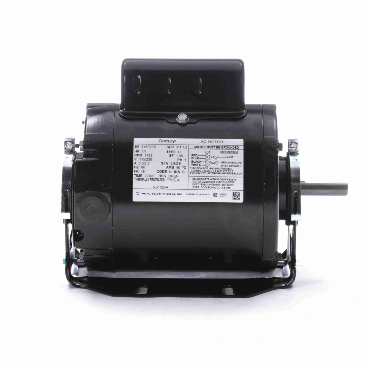 Century Fan and Blower Motor, 1/4 HP, 1 Ph, 60 Hz, 115/230 V, 1800 RPM, 48 Frame, OPEN - RS1024A