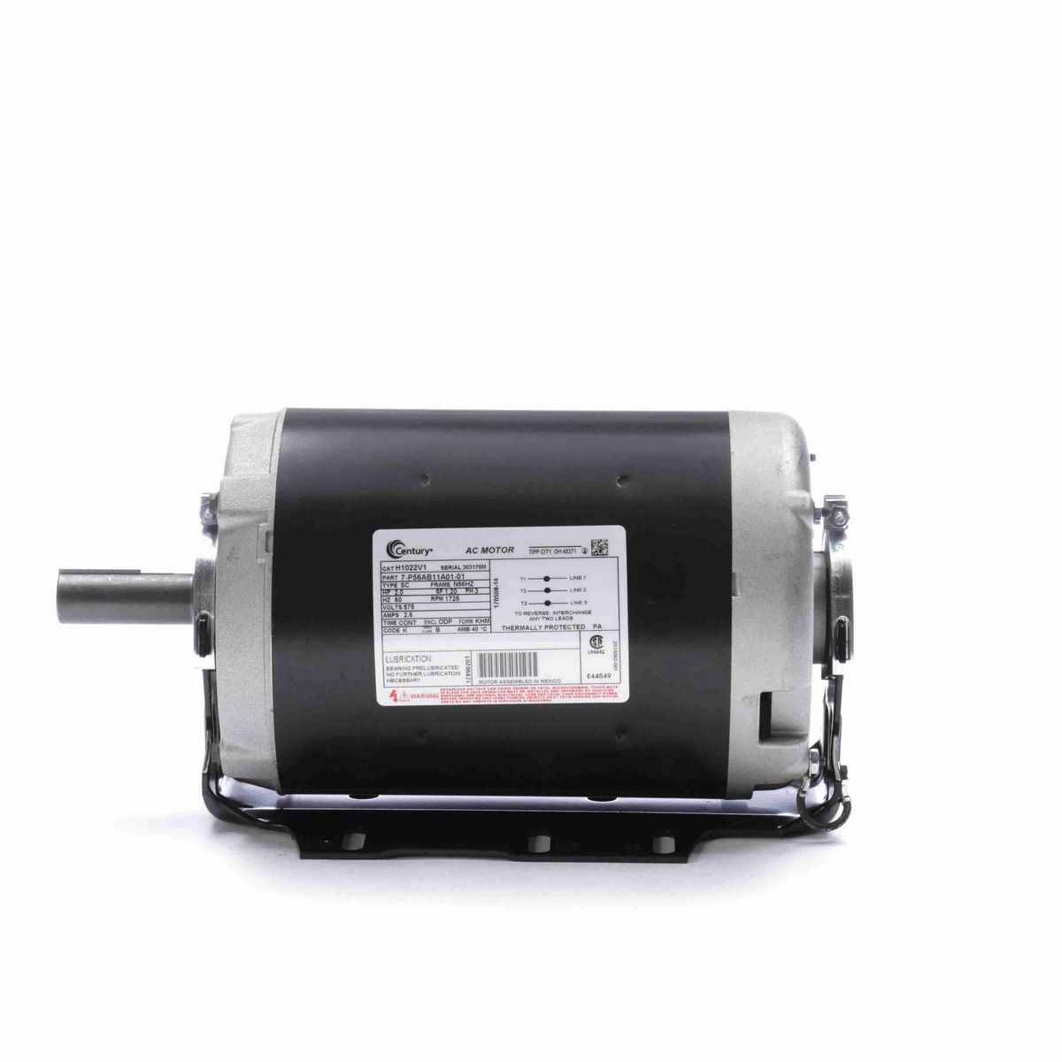 Century General Purpose Motor, 2.0 HP, 3 Ph, 60 Hz, 575 V, 1800 RPM, N56HZ Frame, ODP - H1022V1