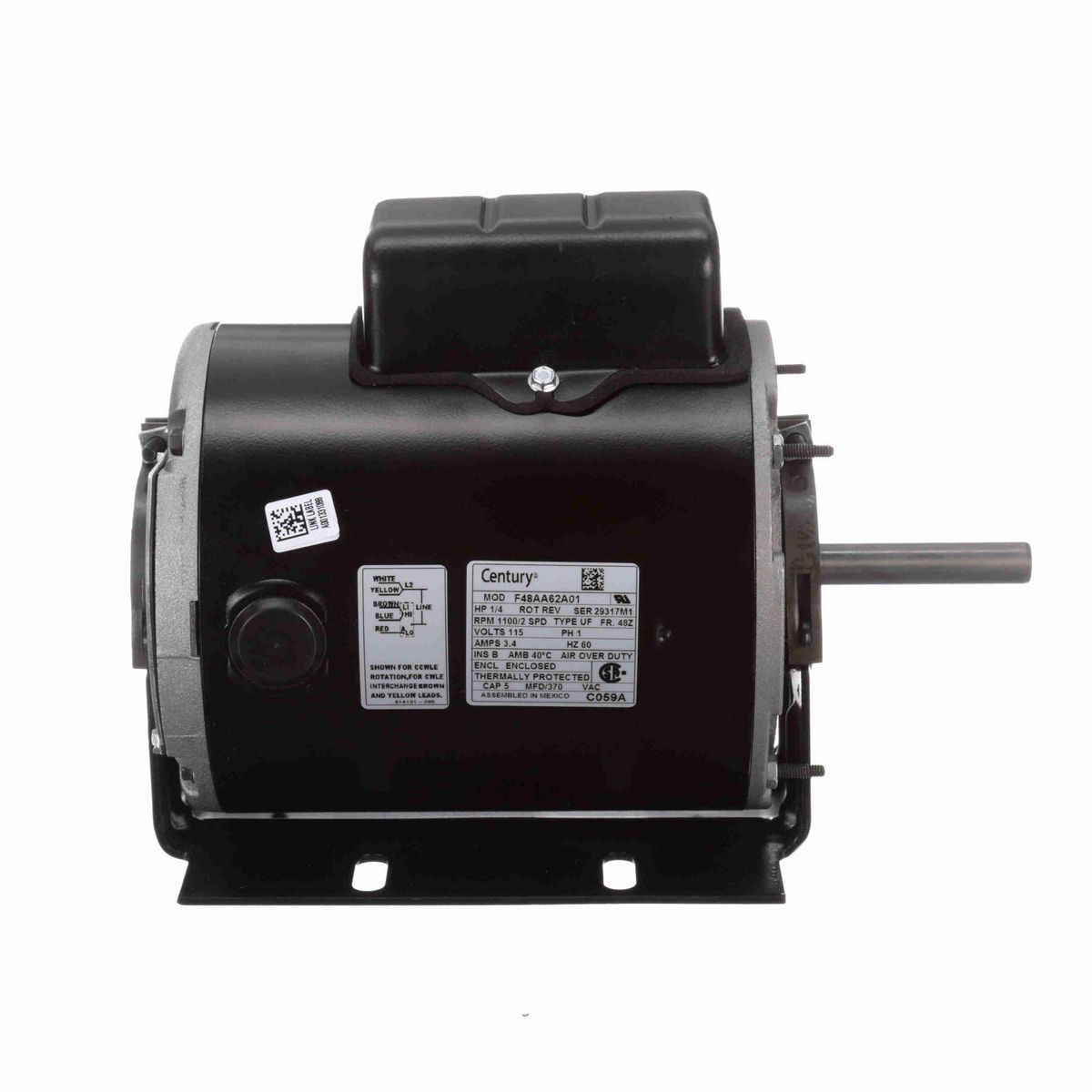 Century Direct Drive Fan Motor, 1/4 HP, 1 Ph, 60 Hz, 115 V, 48Z Frame, TEAO - C059A