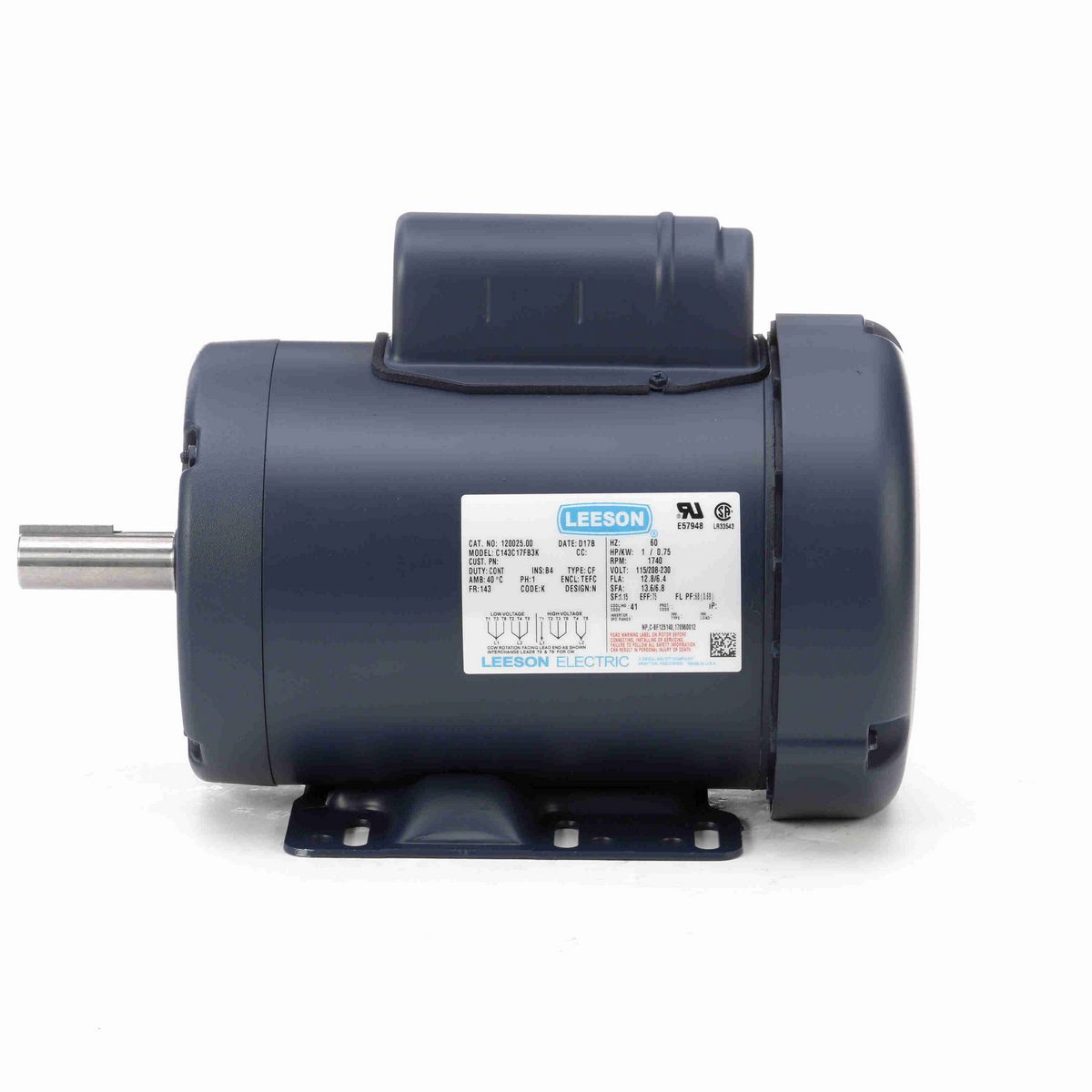 LEESON General Purpose Motor, 1 HP, 1 Ph, 60 Hz, 115/230 V, 1800 RPM, 143T Frame, TEFC - 120025.00