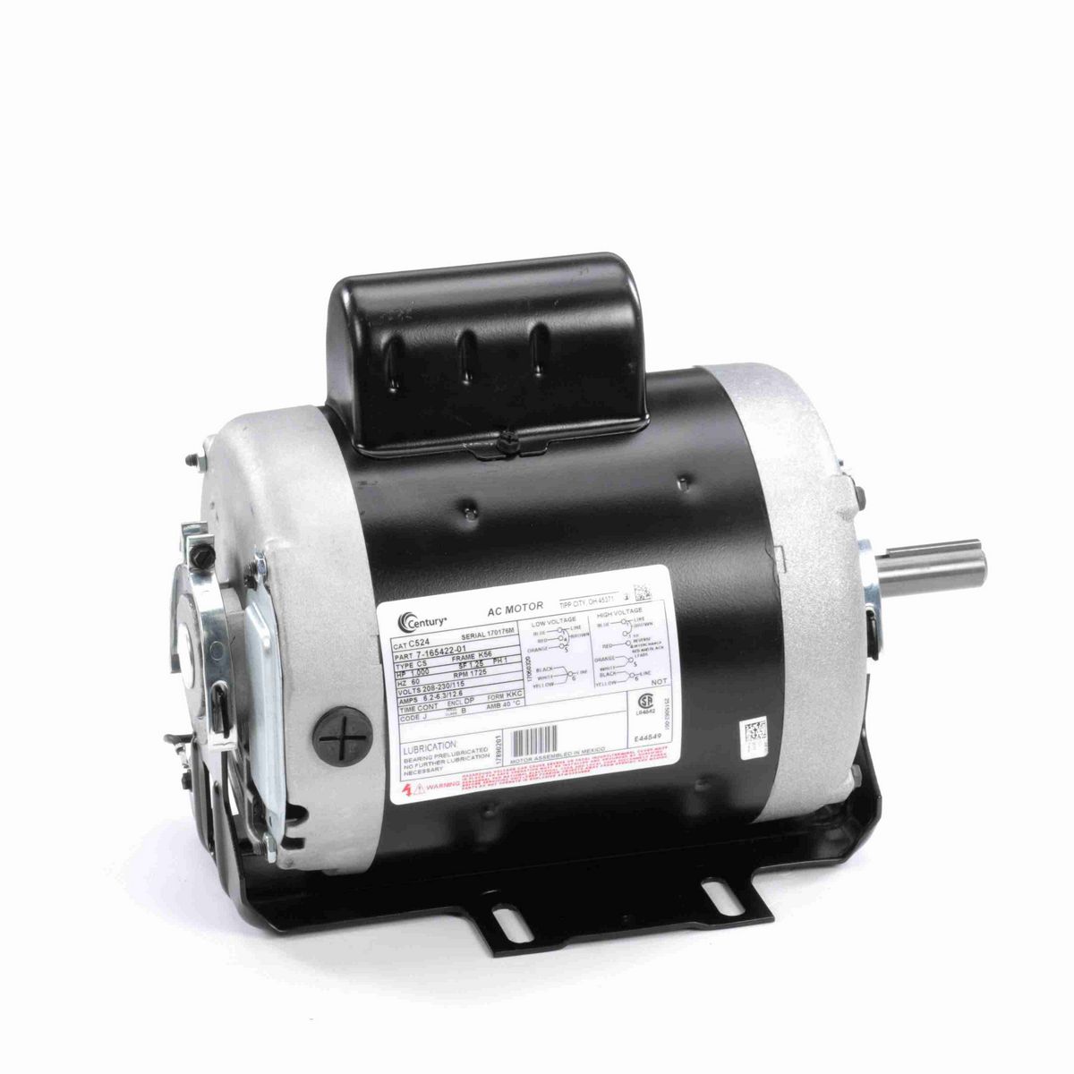 Century Fan and Blower Motor, 1.000 HP, 1 Ph, 60 Hz, 208-230/115 V, 1800 RPM, K56 Frame, DP - C524