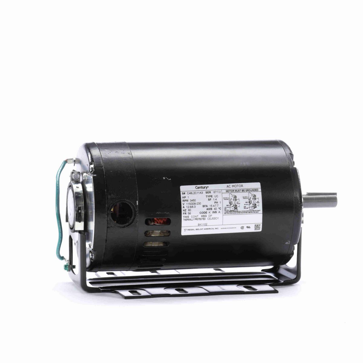 Century Fan and Blower Motor, 1 HP, 1 Ph, 60 Hz, 115/208-230 V, 3600 RPM, 56 Frame, DP - BK1102