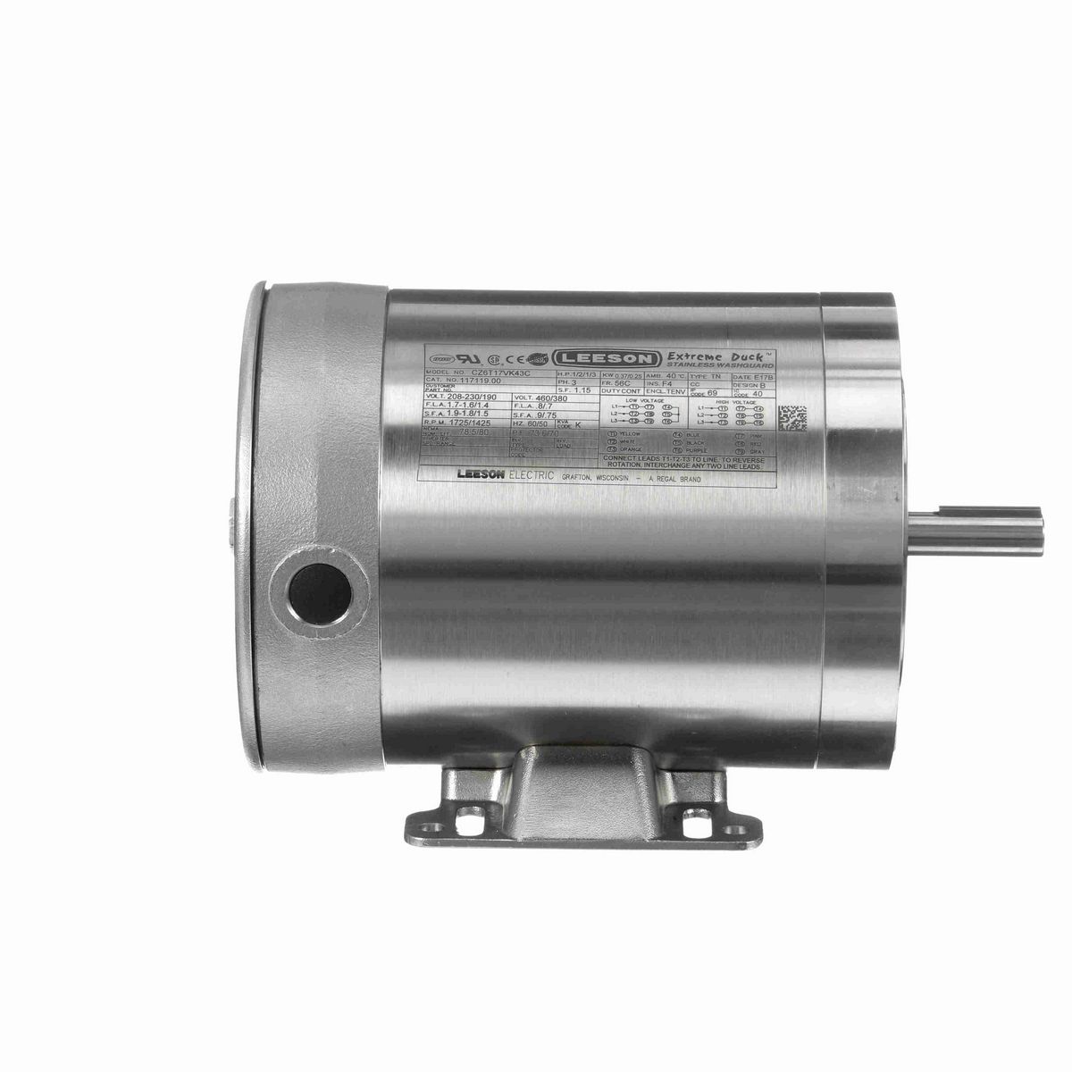 LEESON Extreme Duck® Ultra General Purpose Motor, 0.50 & 0.33 HP, 3 Ph, 60 & 50 Hz, 230/460 & 190/380 V, 1800 & 1500 RPM, 56C Frame, TENV - 117119.00