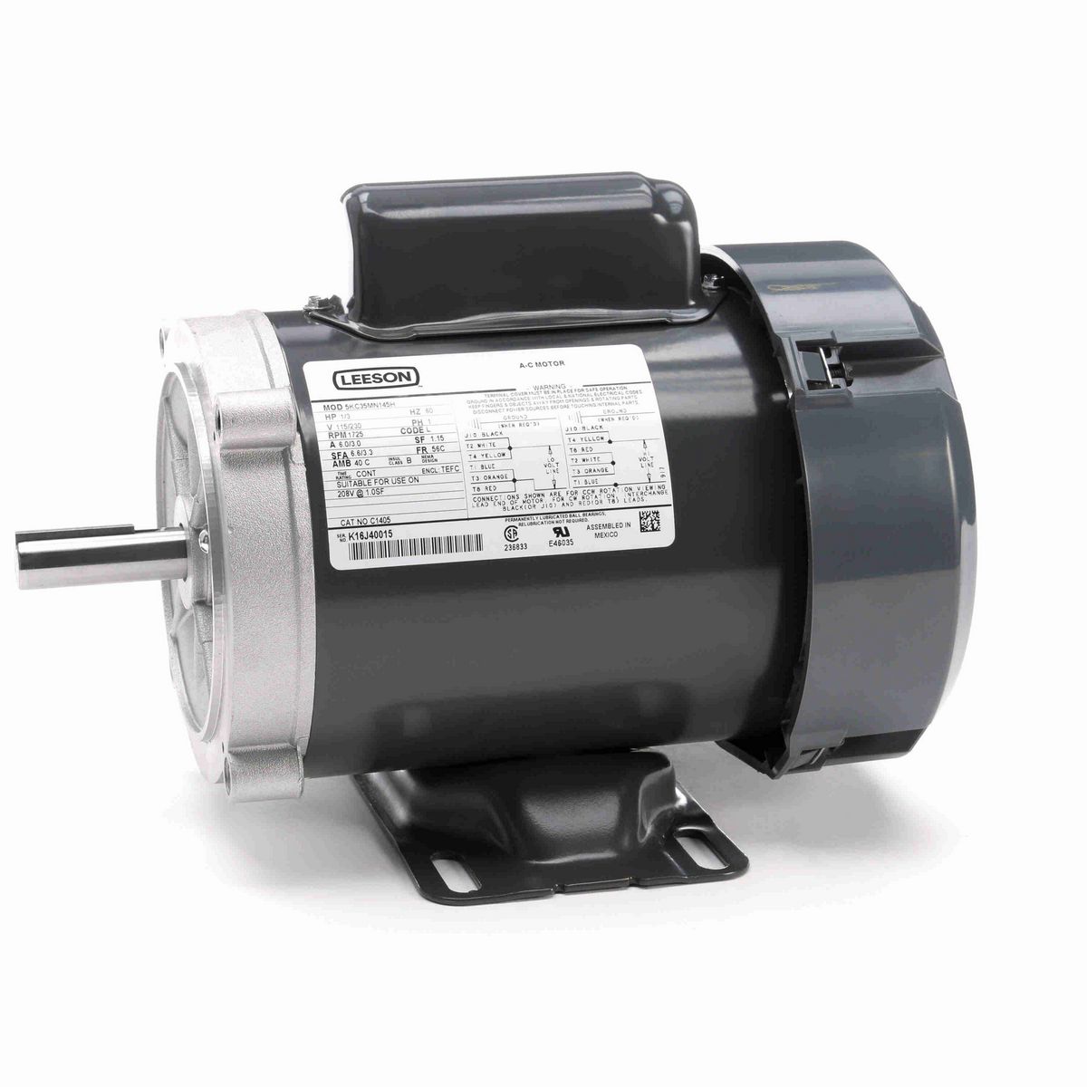 LEESON General Purpose Motor, 0.33 HP, 1 Ph, 60 Hz, 115/230 V, 1800 RPM, 56C Frame, TEFC - C1405