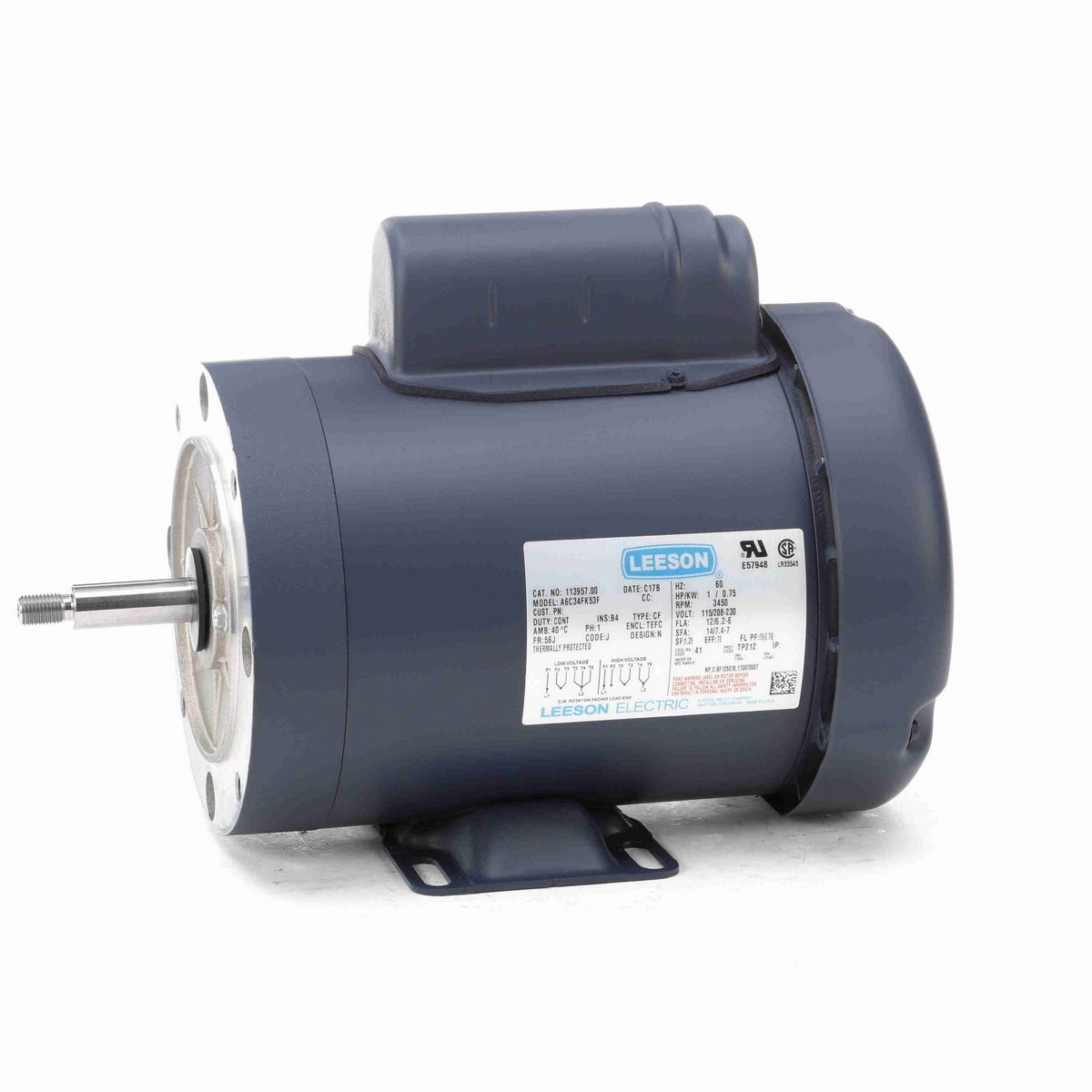 LEESON Jet Pump Motor, 1 HP, 1 Ph, 60 Hz, 115/230 V, 3600 RPM, 56J Frame, TEFC - 113957.00