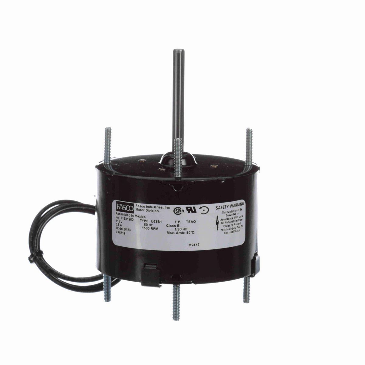 FASCO Fan and Blower Motor, 1/80 HP, 1 Ph, 60 Hz, 115 V, 1500 RPM, 1 Speed, 3.3" Diameter, TEAO - D123