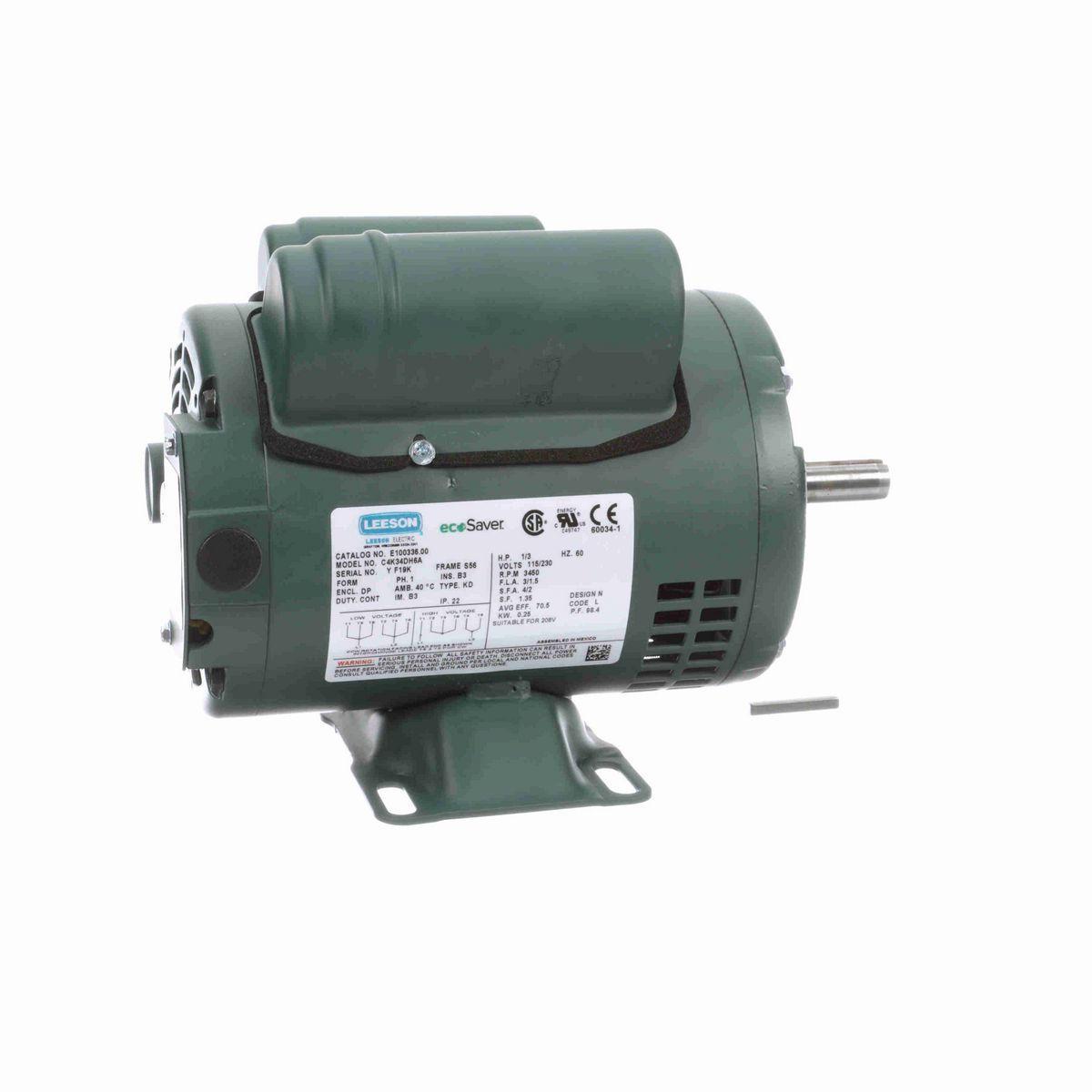 LEESON ecoSaver™ General Purpose Motor, 0.33 HP, 1 Ph, 60 Hz, 115/230 V, 3600 RPM, S56 Frame, DP - E100336.00