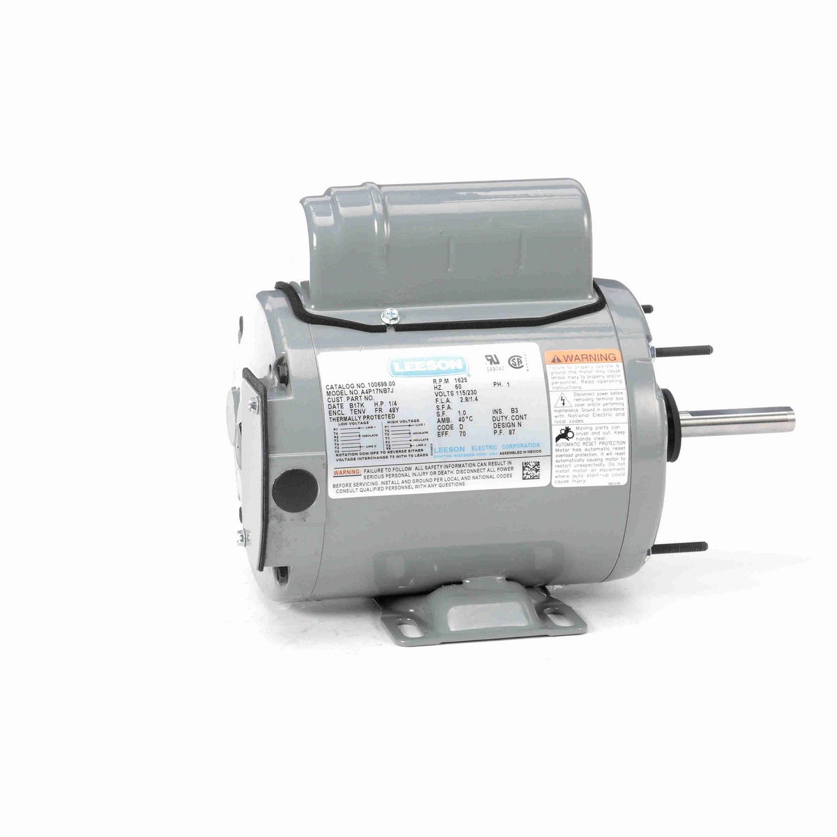 LEESON Agricultural Motor, 0.25 HP, 1 Ph, 60 Hz, 115/230 V, 1800 RPM, 48Y Frame, TENV - 100699.00