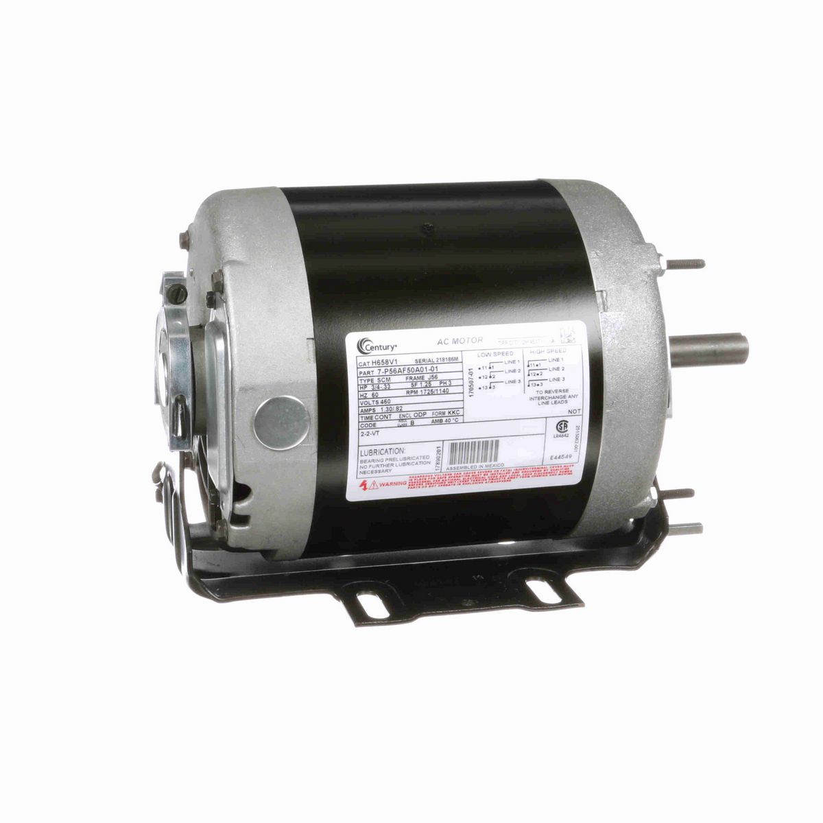 Century Fan and Blower Motor, 3/4-.33 HP, 3 Ph, 60 Hz, 460 V, 1800 RPM, J56 Frame, ODP - H658V1