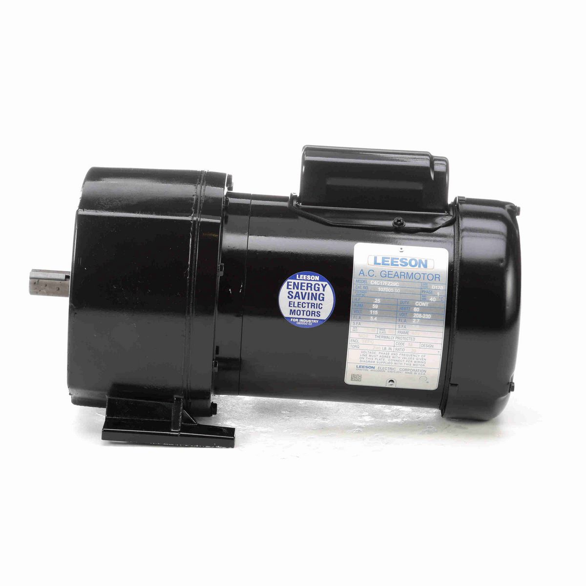 LEESON Parallel Shaft Gearmotor, 0.25 HP, 1 Ph, 60 Hz, 115/208-230 V, 59 RPM, 48Y Frame, TEFC - 107005.00