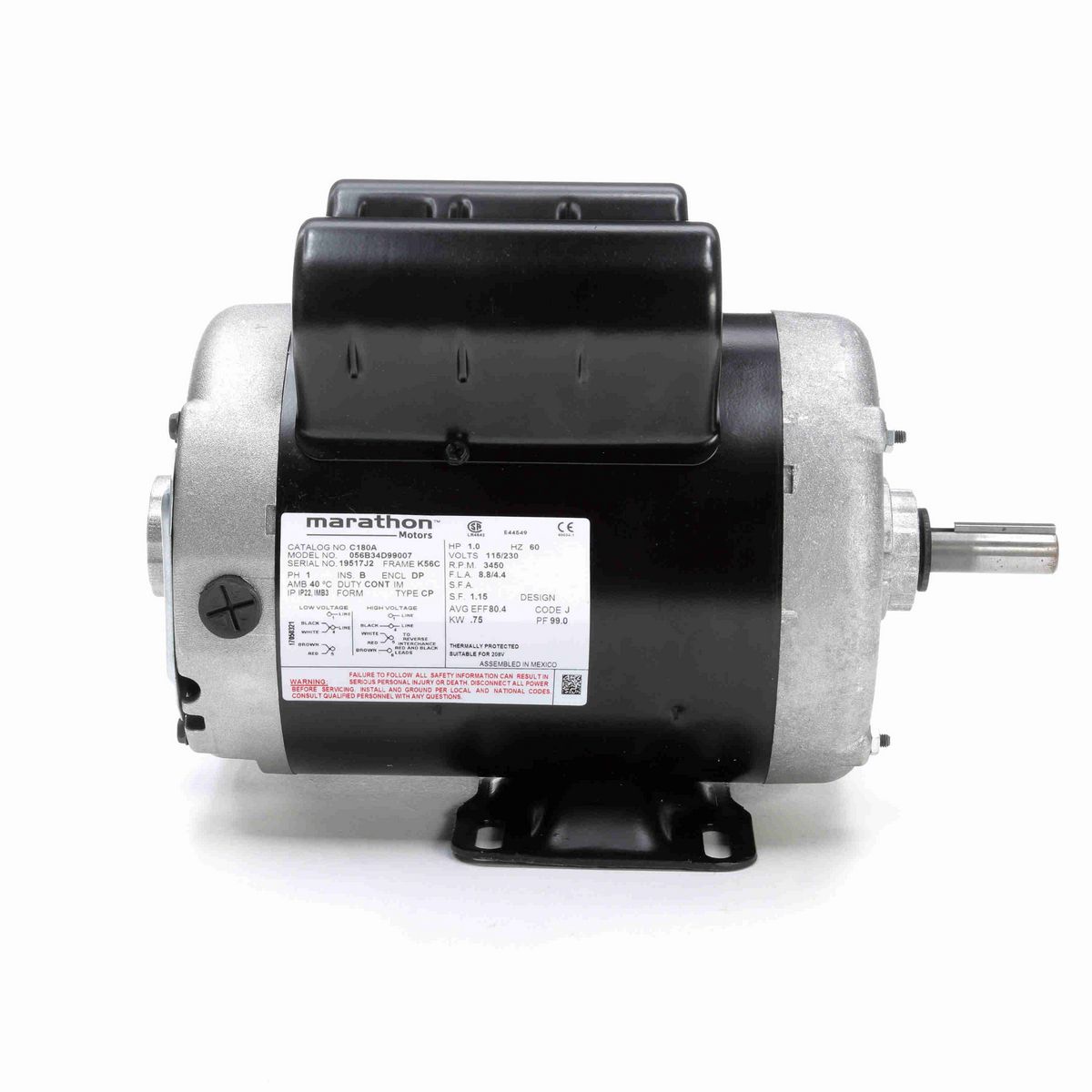 LEESON General Purpose Motor, 1 HP, 1 Ph, 60 Hz, 115/230 V, 3600 RPM, 56 Frame, DP - C180A
