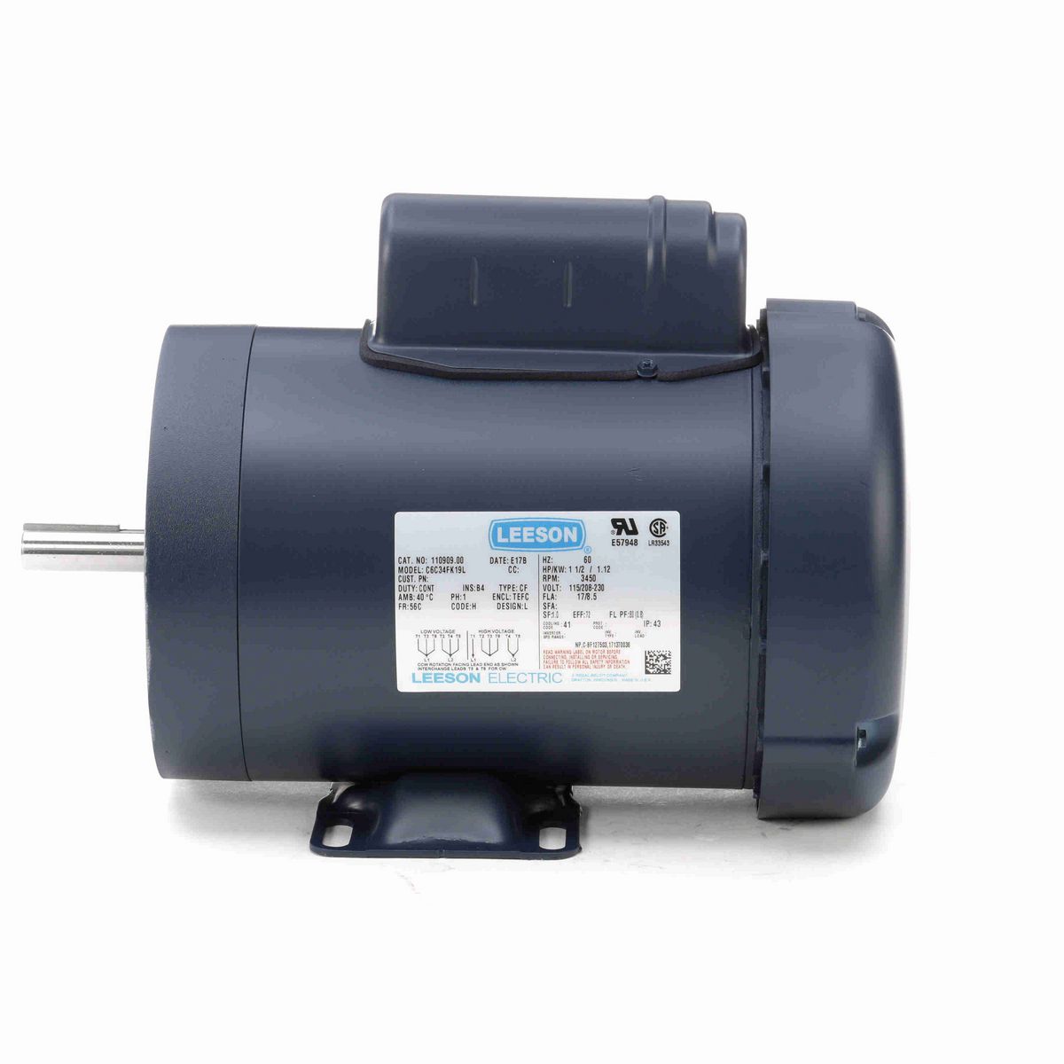 LEESON General Purpose Motor, 1.50 HP, 1 Ph, 60 Hz, 115/230 V, 3600 RPM, 56C Frame, TEFC - 110909.00