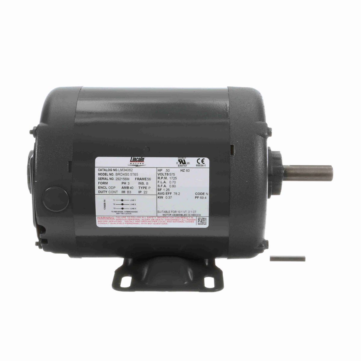 LEESON Special Voltage Motor, 0.50 HP, 3 Ph, 60 Hz, 575 V, 1800 RPM, 56 Frame, DP - LM34062