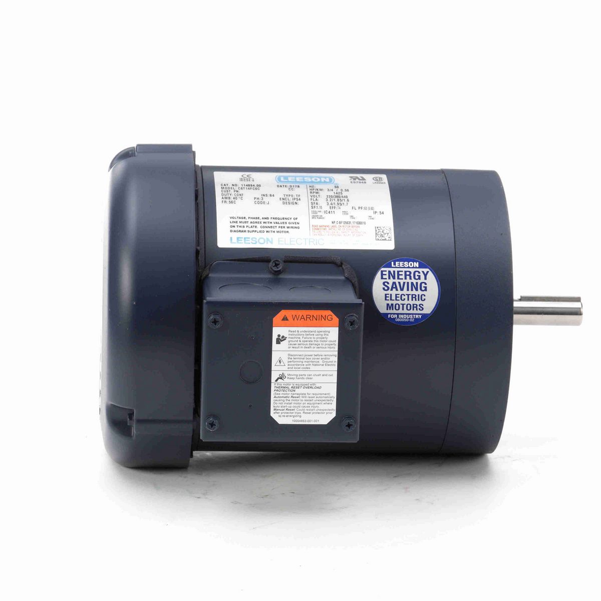 LEESON Special Voltage Motor, 0.75 HP, 3 Ph, 50 Hz, 220/380/440 V, 1500 RPM, 56C Frame, TEFC - 114894.00