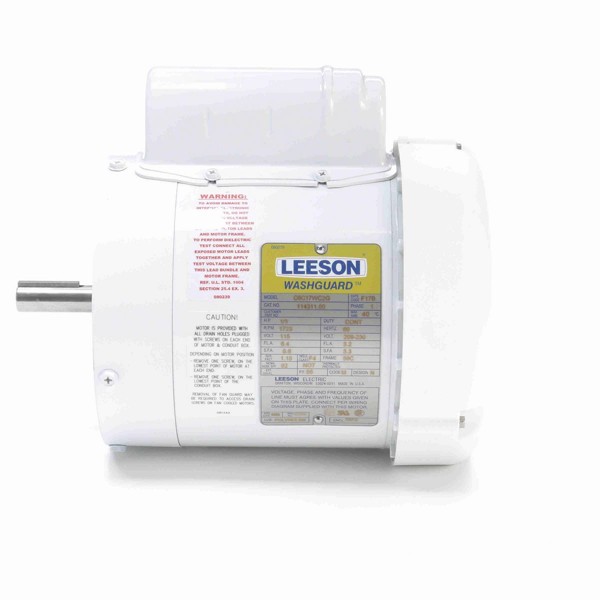 LEESON White Duck™ General Purpose Motor, 0.33 HP, 1 Ph, 60 Hz, 115/230 V, 1800 RPM, 56C Frame, TEFC - 114311.00