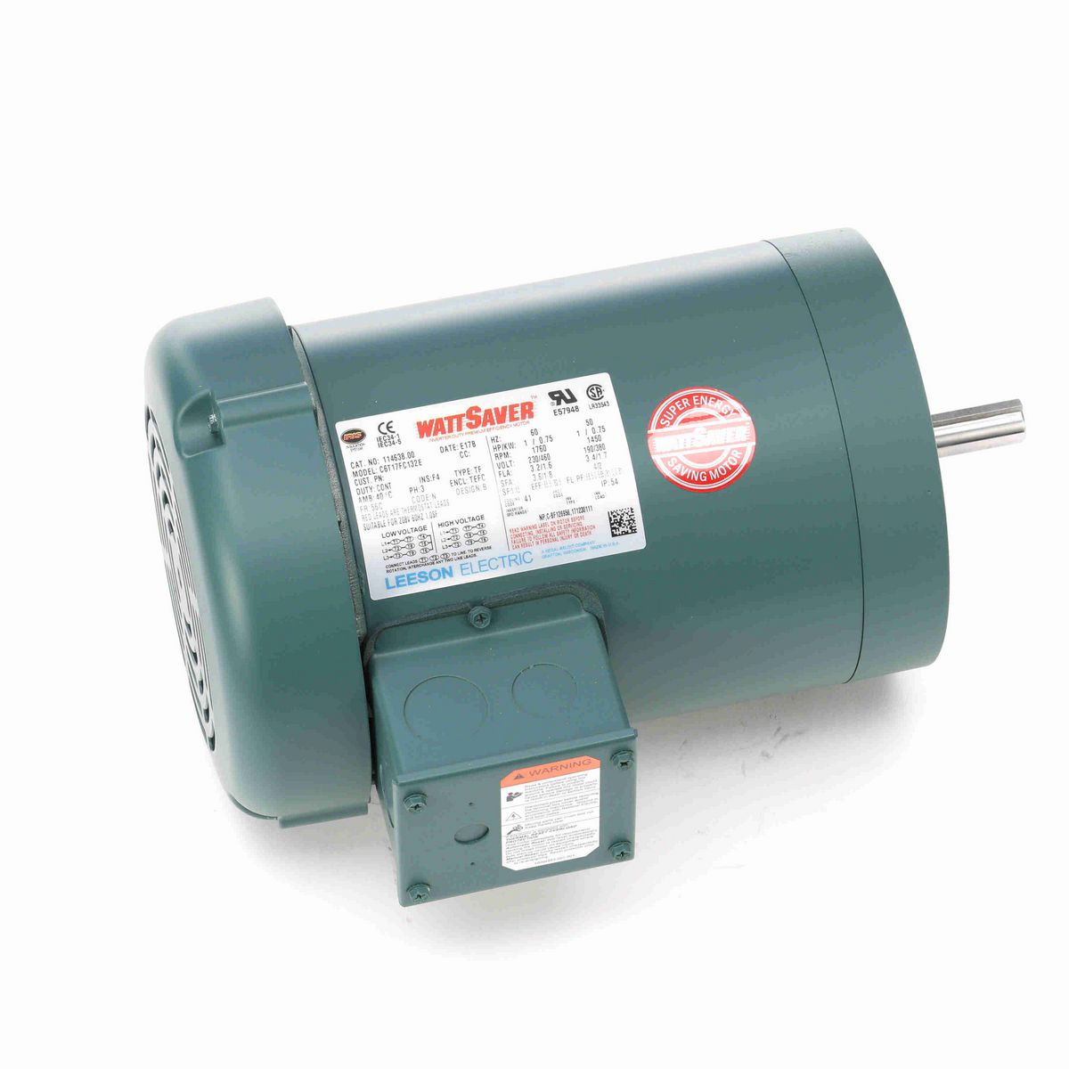 LEESON General Purpose Motor, 1 & 1 HP, 3 Ph, 60 & 50 Hz, 230/460 & 190/380 V, 1800 & 1500 RPM, 56C Frame, TEFC - 114638.00