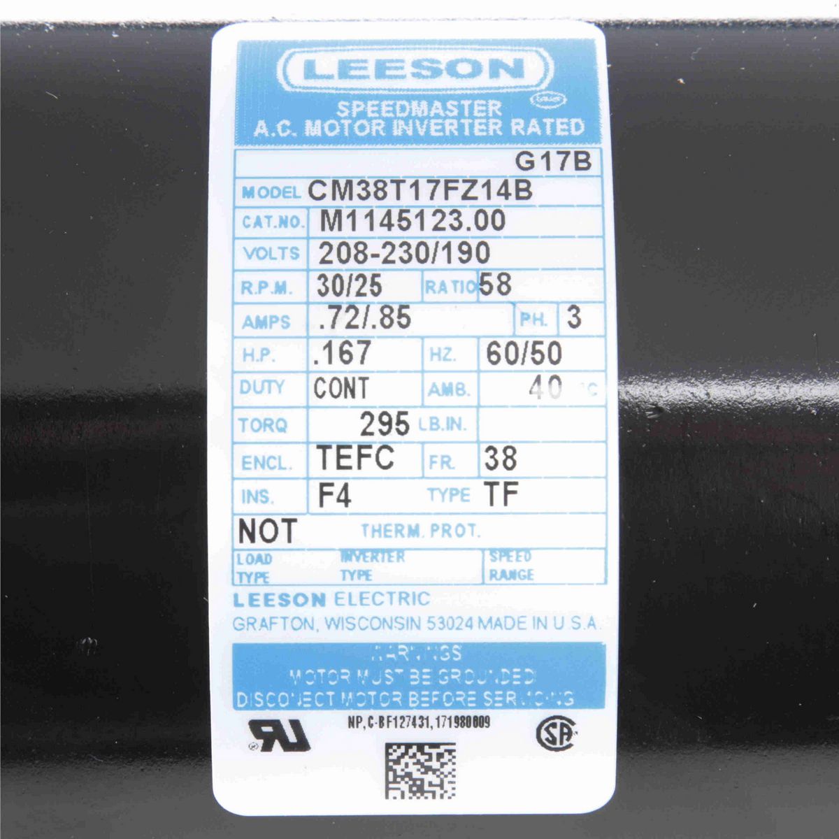 LEESON Parallel Shaft Gearmotor, 0.17 HP, 3 Ph, 208-230/190 V, 60/50Hz, 30 RPM, 38 Frame, TEFC - M1145123.00