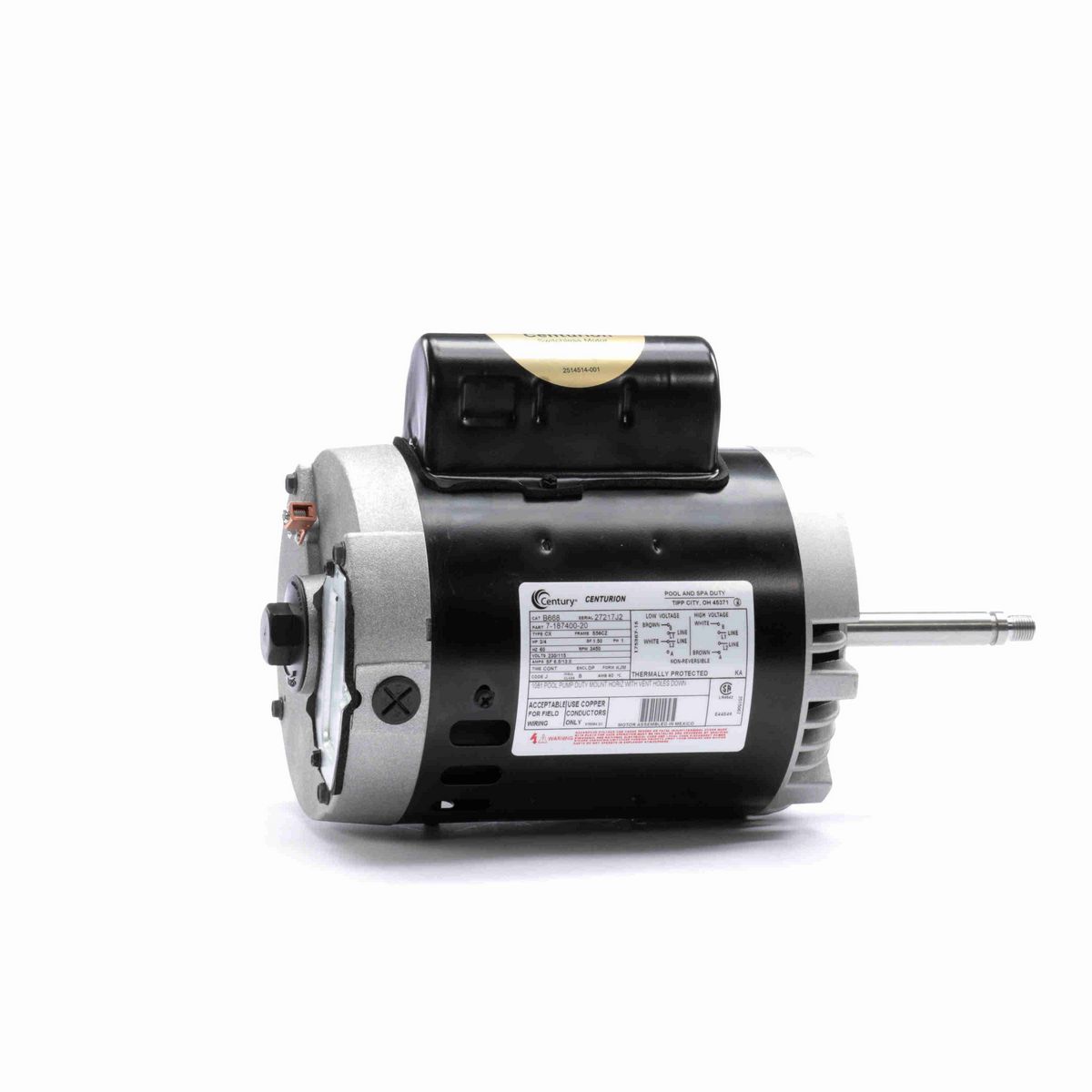 Century Pool Pump Motor, 3/4 HP, 1 Ph, 60 Hz, 230/115 V, 3600 RPM, S56CZ Frame, DP - B668