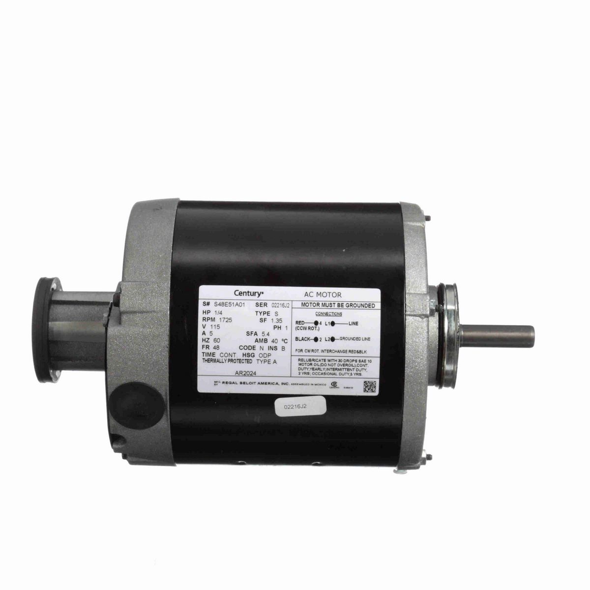 Century Fan and Blower Motor, 1/4 HP, 1 Ph, 60 Hz, 115 V, 1800 RPM, 48 Frame, ODP - AR2024