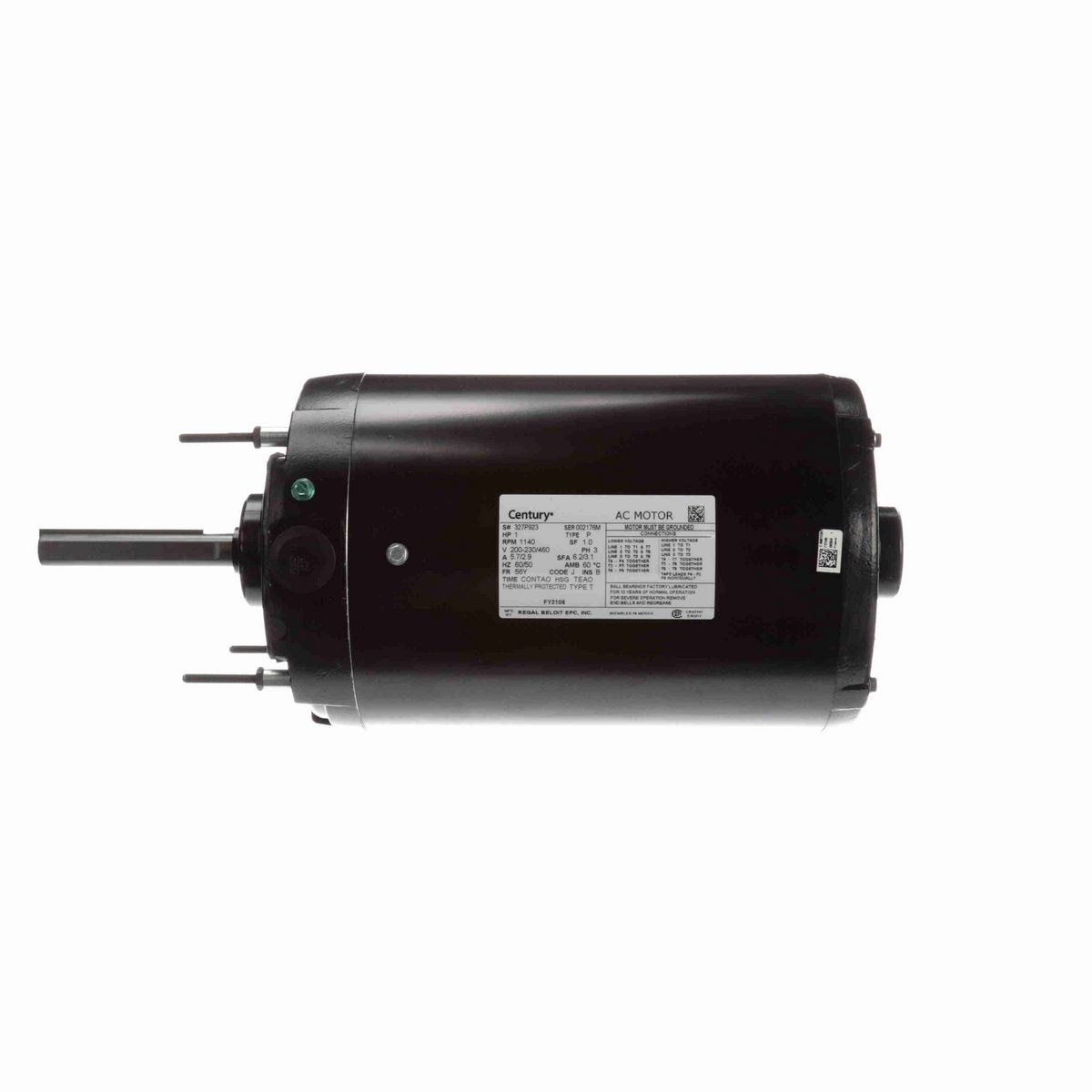 Century Condenser Fan Motor, 1 HP, 3 Ph, 60 Hz, 200-230/460 V, 1200 RPM, 56Y Frame, TEAO - FY3106