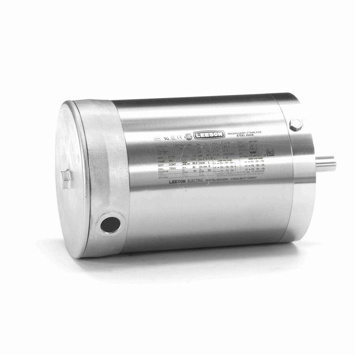 LEESON Premium Duck™ General Purpose Motor, 1 & 0.75 HP, 3 Ph, 60 & 50 Hz, 230/460 & 190/380 V, 3600 & 3000 RPM, 56C Frame, TENV - 117281.00