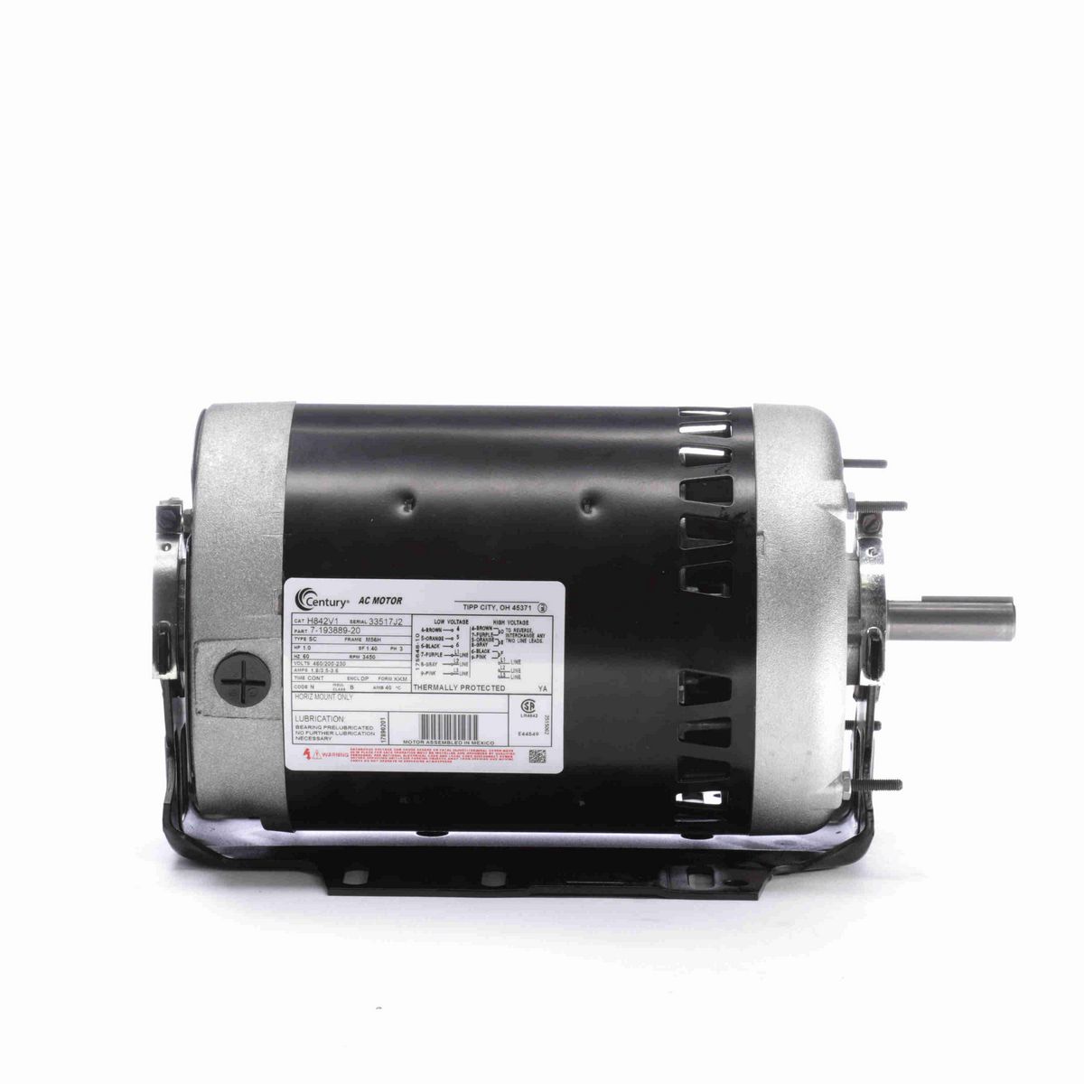 Century General Purpose Motor, 1.0 HP, 3 Ph, 60 Hz, 460/200-230 V, 3600 RPM, M56H Frame, DP - H842V1
