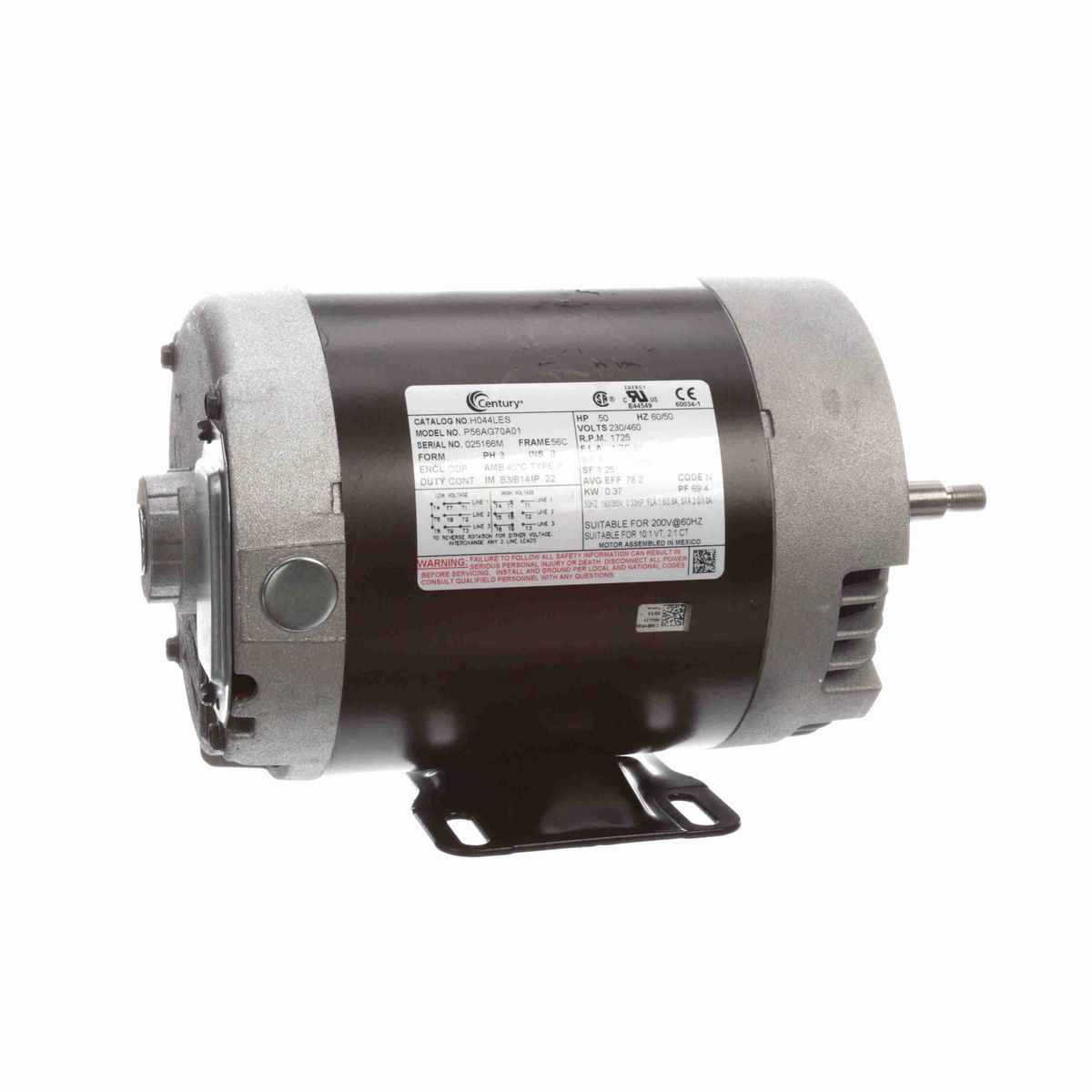 Century General Purpose Motor, .50 HP, 3 Ph, 60 Hz, 230/460 V, 1800 RPM, 56C Frame, ODP - H044LES