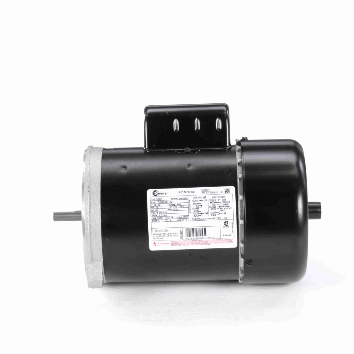 Century Auger Drive Motor, 3/4 HP, 1 Ph, 60 Hz, 230/115 V, 1800 RPM, L56N Frame, TEFC - C332