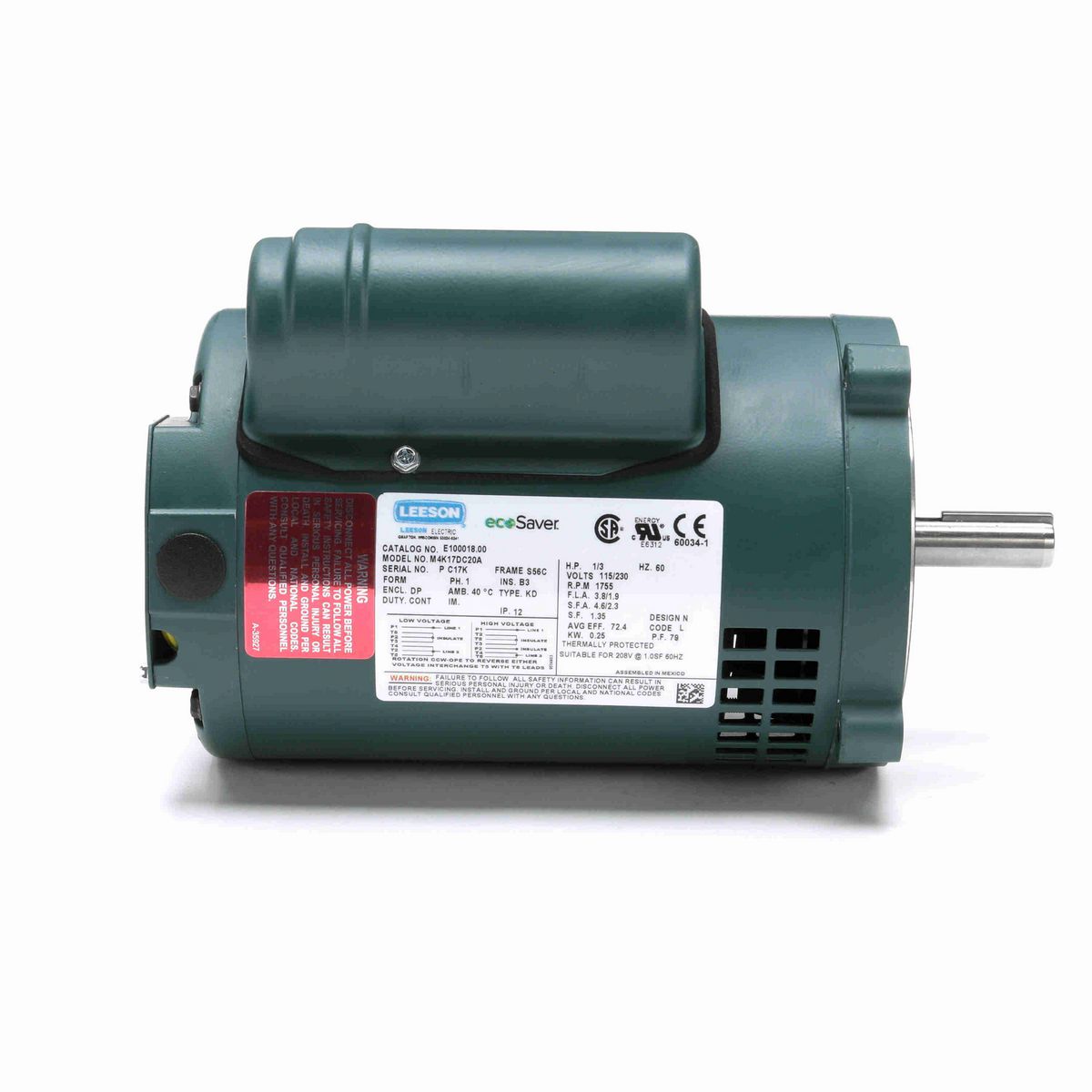 LEESON ecoSaver™ General Purpose Motor, 0.33 HP, 1 Ph, 60 Hz, 115/230 V, 1800 RPM, S56C Frame, DP - E100018.00