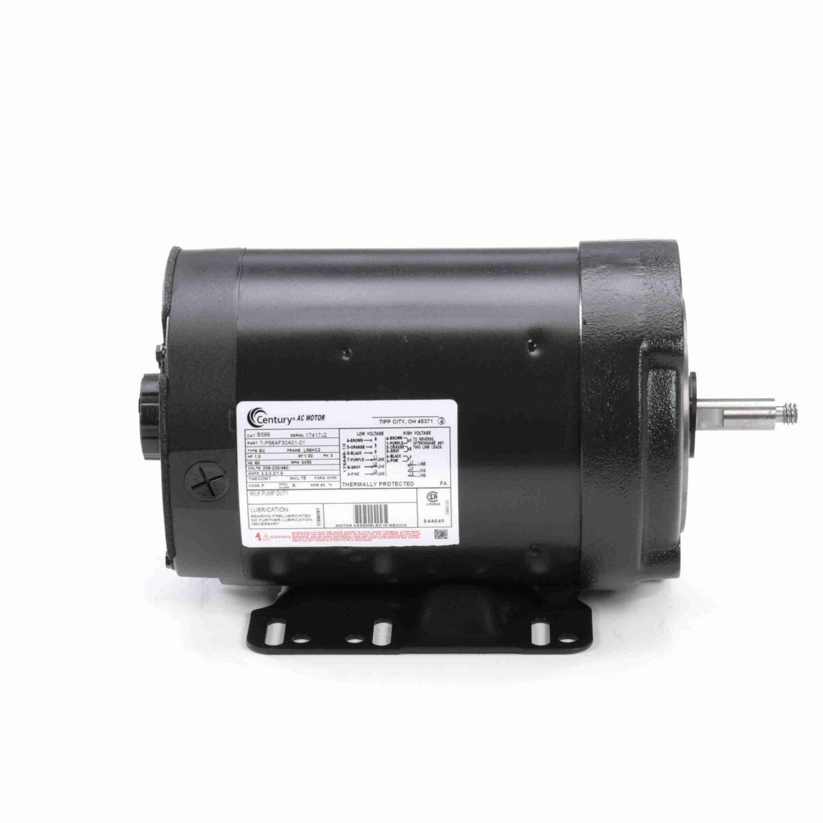 Century General Purpose Farm Duty Motor, 1.0 HP, 3 Ph, 60 Hz, 208-230/460 V, 3600 RPM, L56HCZ Frame, TENV - B599