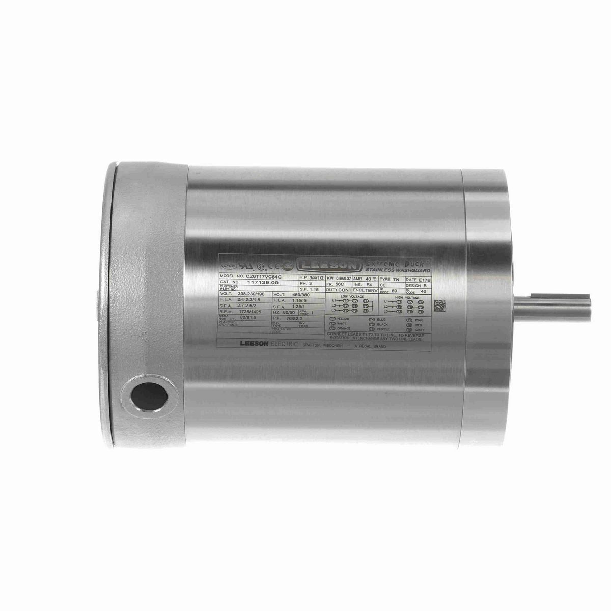 LEESON Extreme Duck® Ultra General Purpose Motor, 0.75 & 0.50 HP, 3 Ph, 60 & 50 Hz, 230/460 & 190/380 V, 1800 & 1500 RPM, 56C Frame, TENV - 117129.00