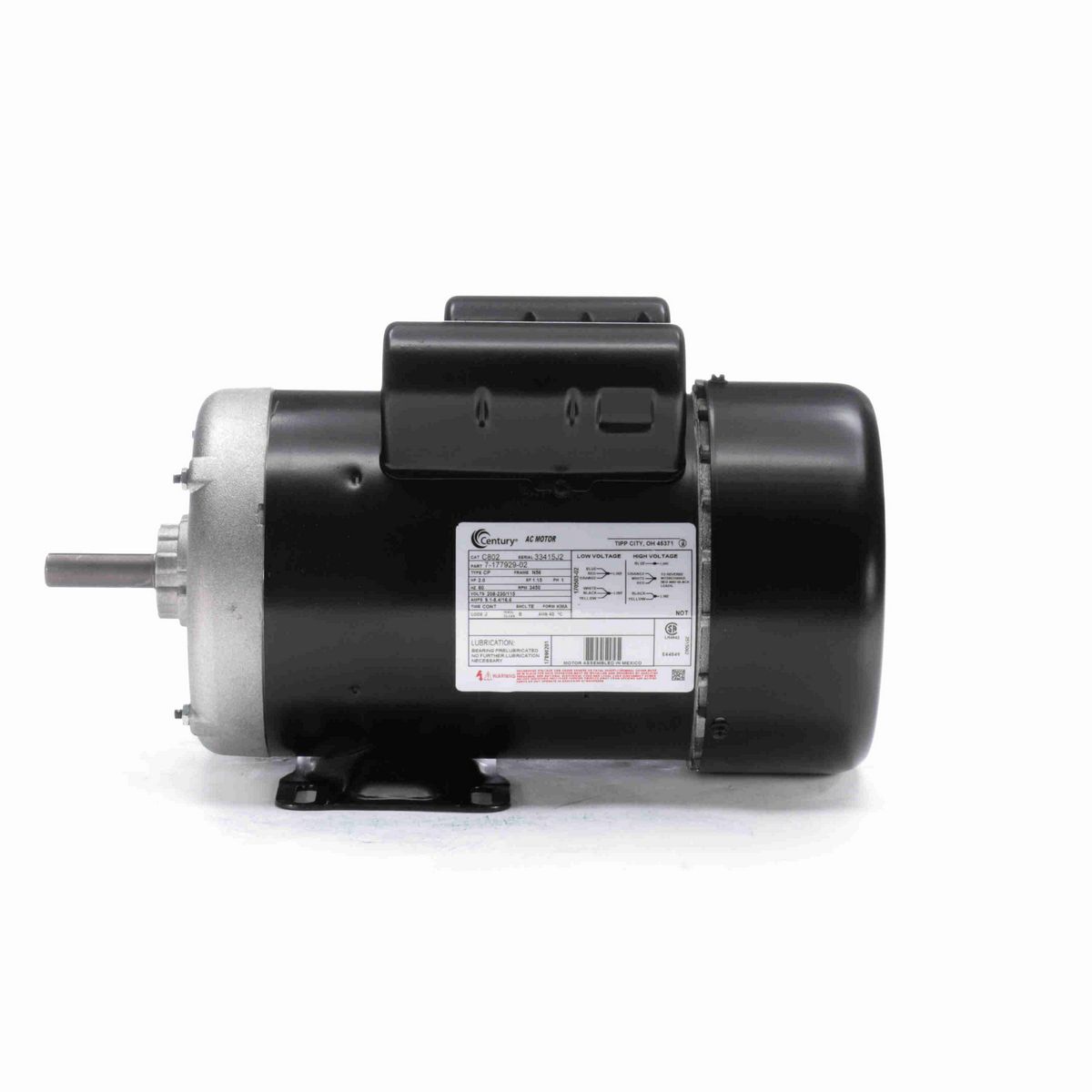 Century General Purpose Farm Duty Motor, 2.0 HP, 1 Ph, 60 Hz, 208-230/115 V, 3600 RPM, N56 Frame, TEFC - C802