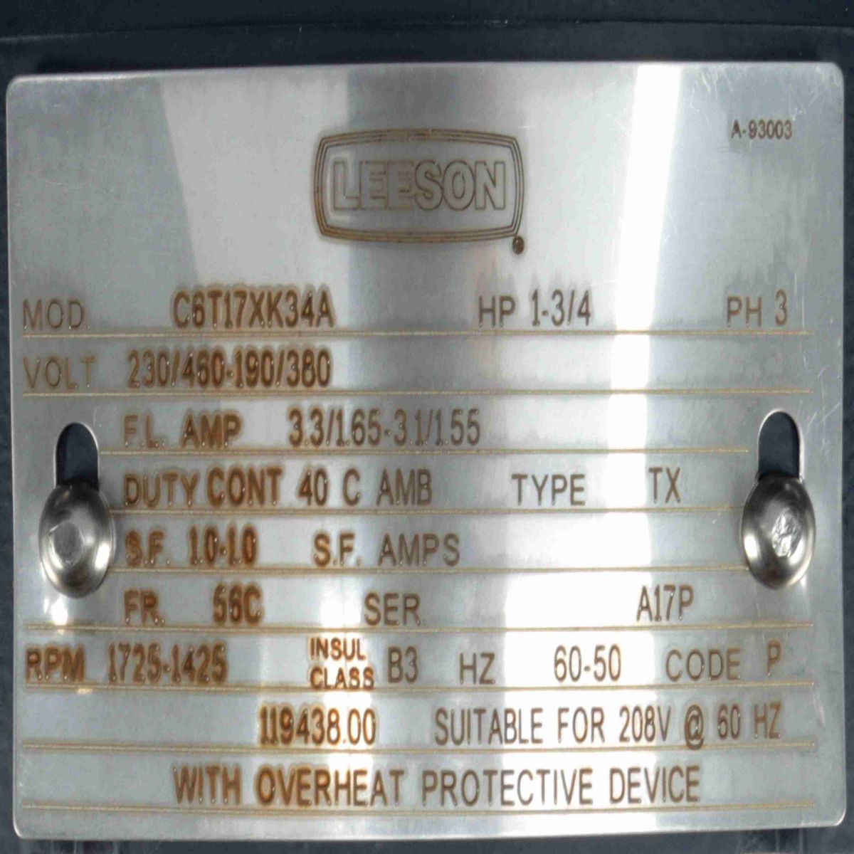 LEESON Explosion Proof Motor, 1 & 0.75 HP, 3 Ph, 60 & 50 Hz, 230/460 & 190/380 V, 1800 & 1500 RPM, 56C Frame, EPFC - 119438.00