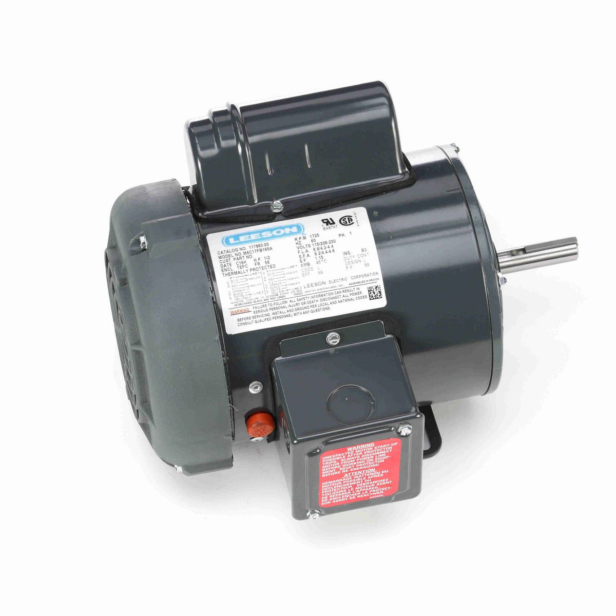 LEESON Agricultural Motor, 0.50 HP, 1 Ph, 60 Hz, 115/230 V, 1800 RPM, 56 Frame, TEFC - 117863.00