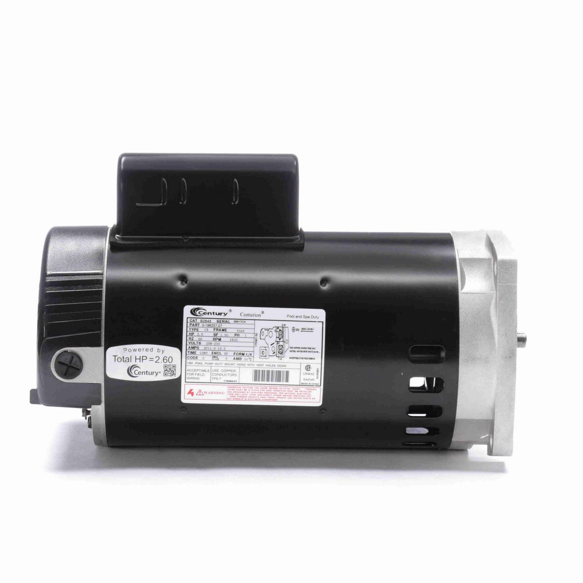 Century Pool Pump Motor, 2.0 HP, 1 Ph, 60 Hz, 208-230 V, 3600 RPM, Y56Y Frame, DP - B2843