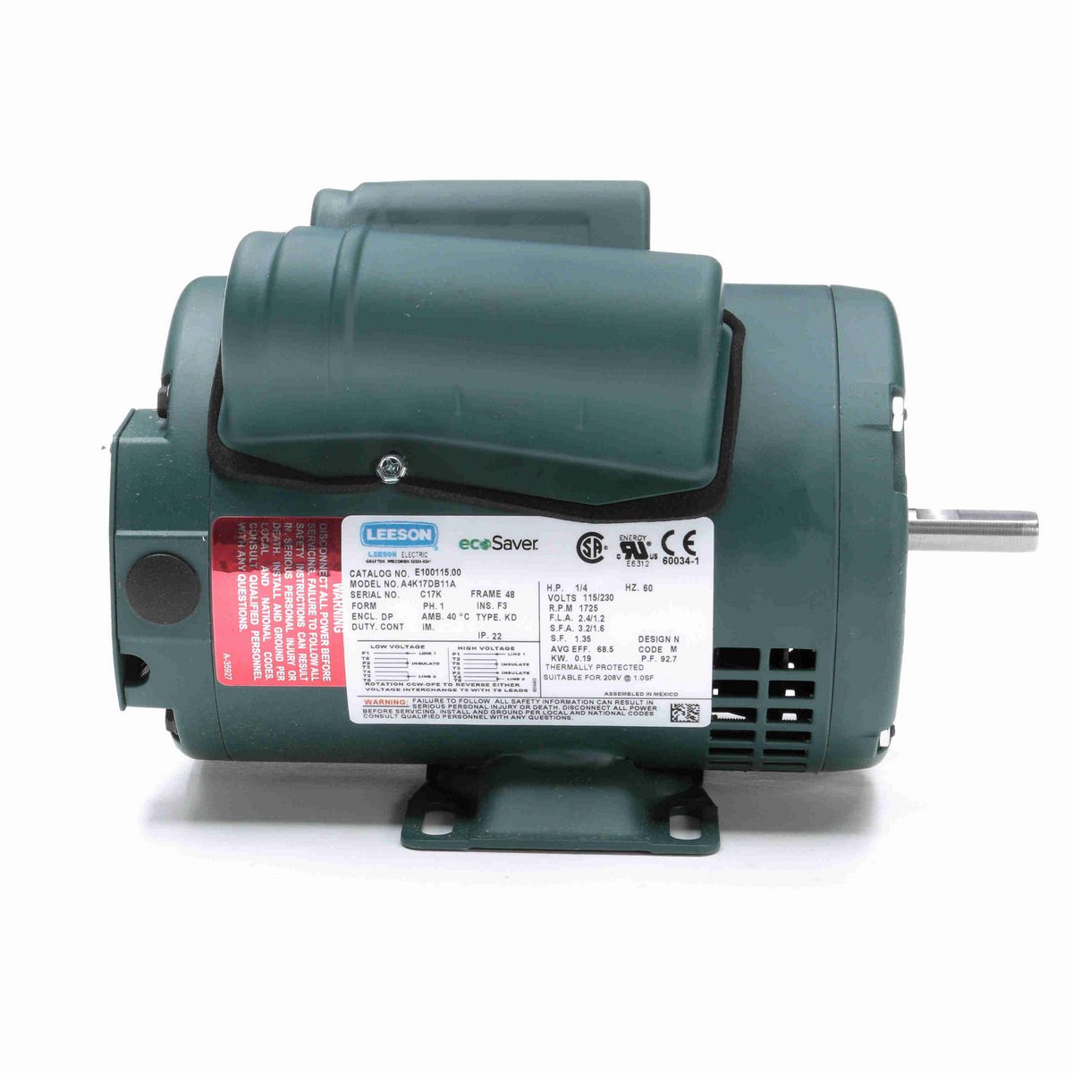 LEESON ecoSaver™ General Purpose Motor, 0.25 HP, 1 Ph, 60 Hz, 115/230 V, 1800 RPM, 48 Frame, DP - E100115.00