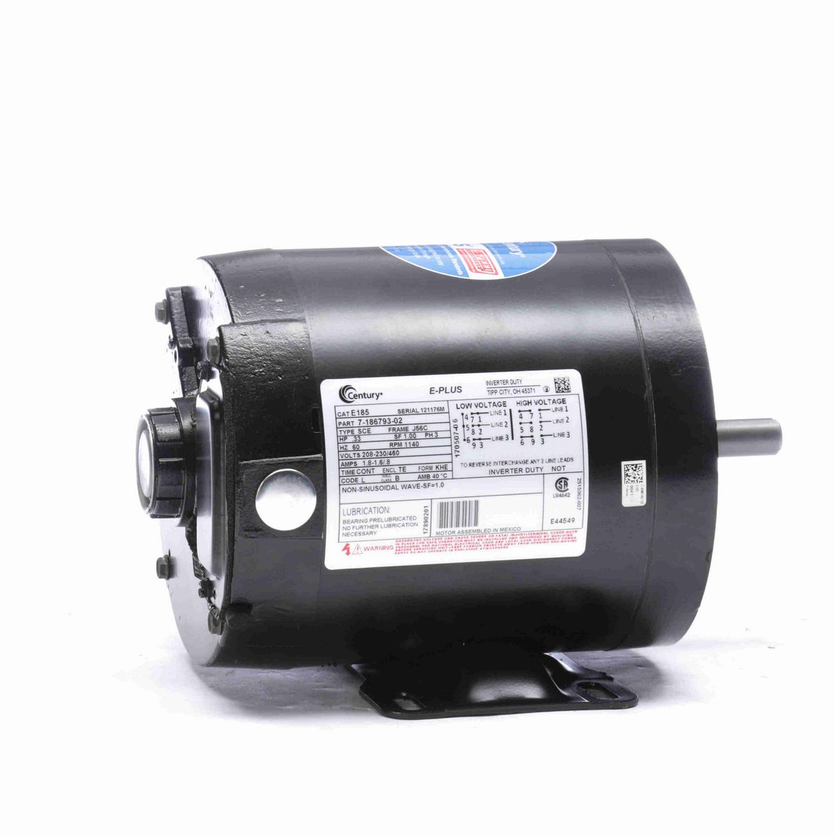 Century E-PLUS ® Speed Ratio Motor, .33 HP, 3 Ph, 60 Hz, 208-230/460 V, 1200 RPM, J56C Frame, TENV - E185