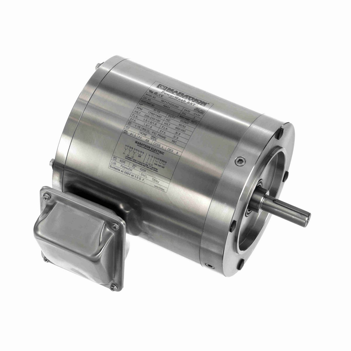 LEESON General Purpose Motor, 0.50 & 0.33 HP, 3 Ph, 60 & 50 Hz, 208-230/460 & 190/380 V, 1800 & 1500 RPM, 56C Frame, TENV - N431