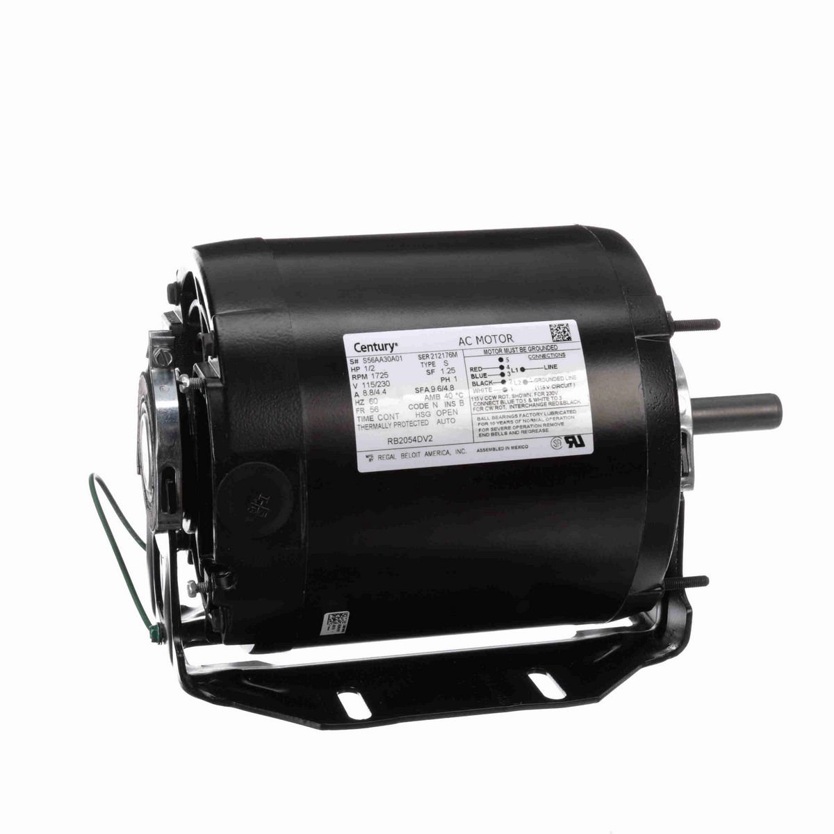 Century Fan and Blower Motor, 1/2 HP, 1 Ph, 60 Hz, 115/230 V, 1800 RPM, 56 Frame, OPEN - RB2054DV2