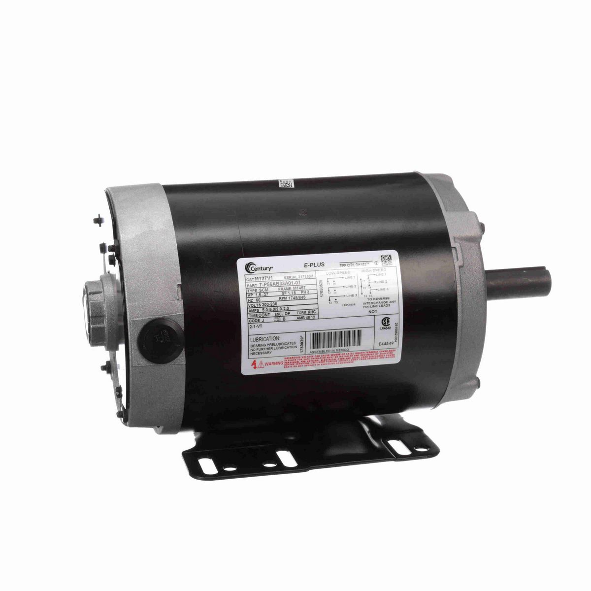 Century General Purpose Motor, 1.5-.37 HP, 3 Ph, 60 Hz, 200-230 V, 1800 RPM, M145T Frame, DP - M127V1