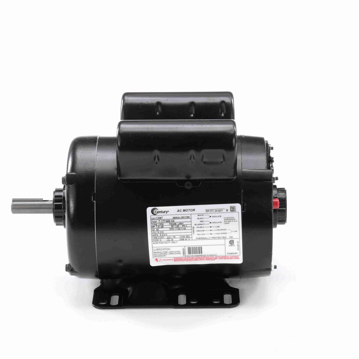 Century General Purpose Farm Duty Motor, 1.0-.29 HP, 1 Ph, 60 Hz, 230 V, 1800 RPM, L56H Frame, TEAO - C597