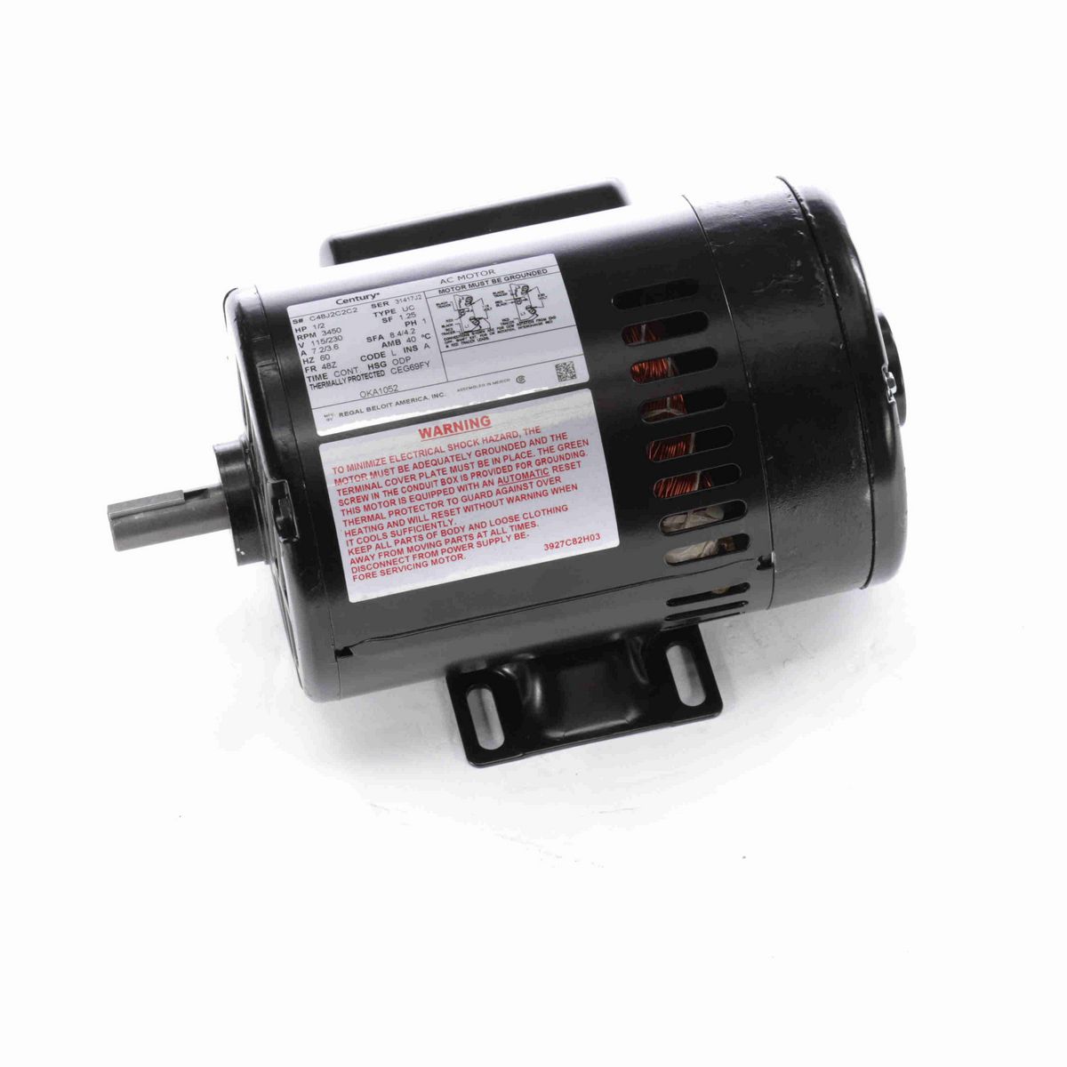 Century General Purpose Motor, 1/2 HP, 1 Ph, 60 Hz, 115/230 V, 3600 RPM, 48Z Frame, ODP - OKA1052