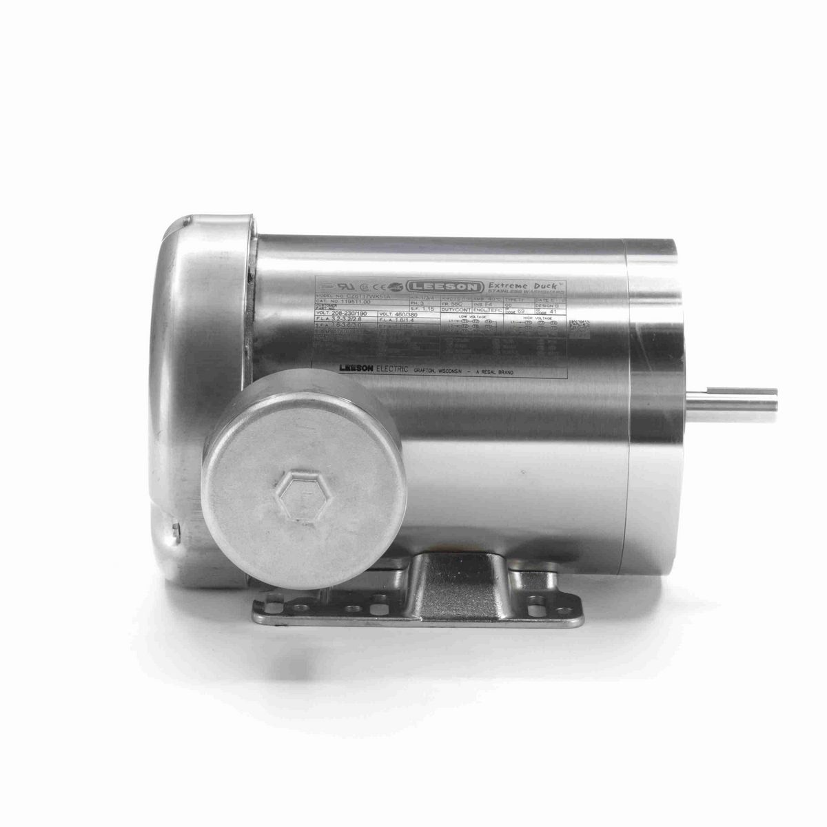 LEESON Extreme Duck® Ultra General Purpose Motor, 1 & 0.75 HP, 3 Ph, 60 & 50 Hz, 230/460 & 190/380 V, 1800 & 1500 RPM, 56C Frame, TEFC - 119511.00
