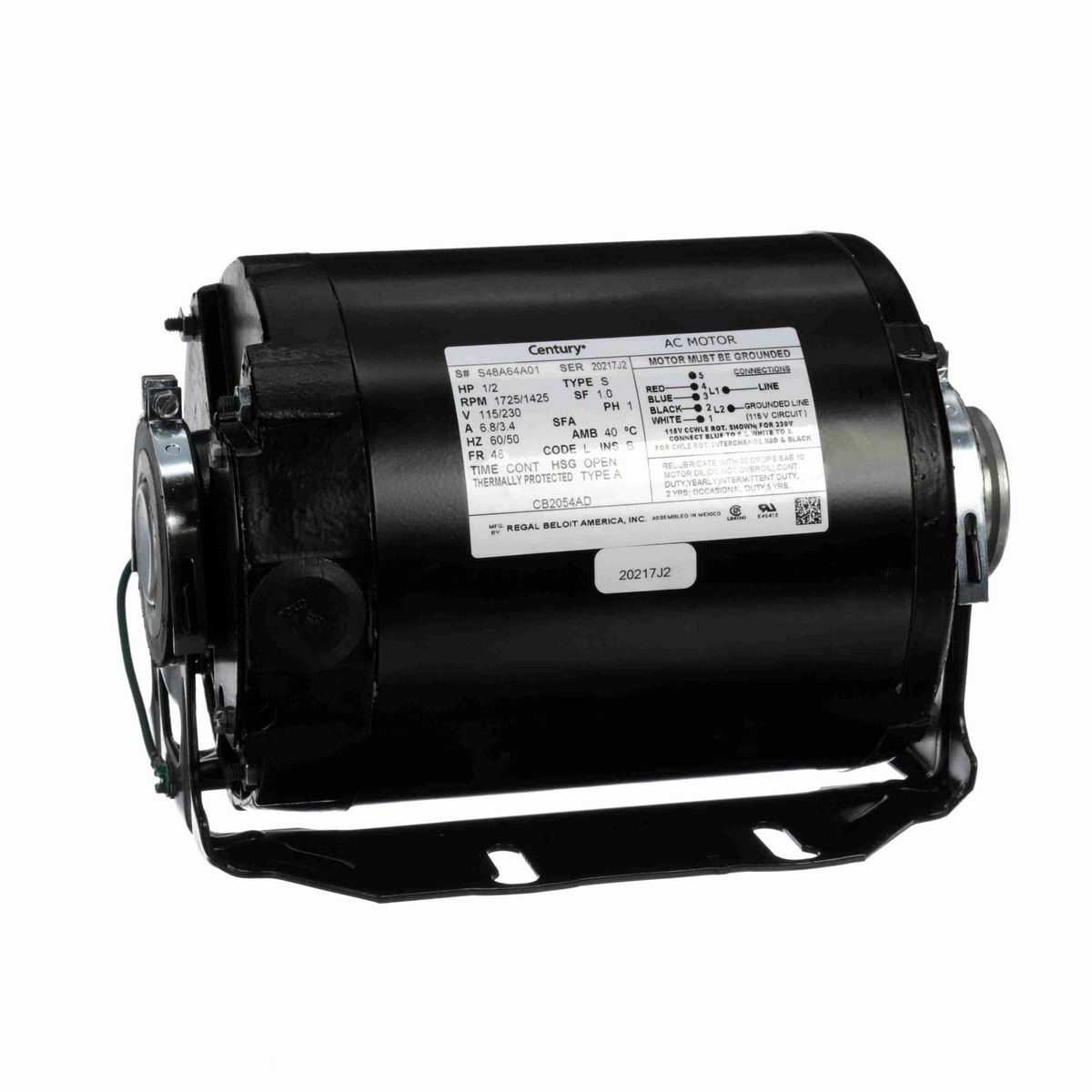 Century Carbonator Pump Motor, 1/2 HP, 1 Ph, 60/50 Hz, 115/230 V, 1800 RPM, 48 Frame, OPEN - CB2054AD