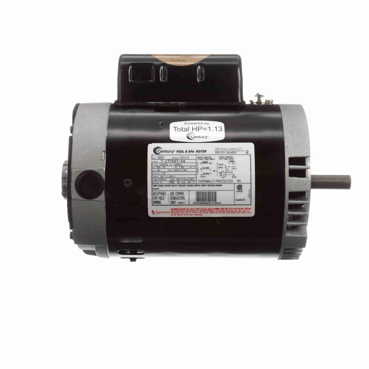Century Pool Pump Motor, 3/4-.10 HP, 1 Ph, 60 Hz, 115 V, 3600 RPM, M56C Frame, DP - B972