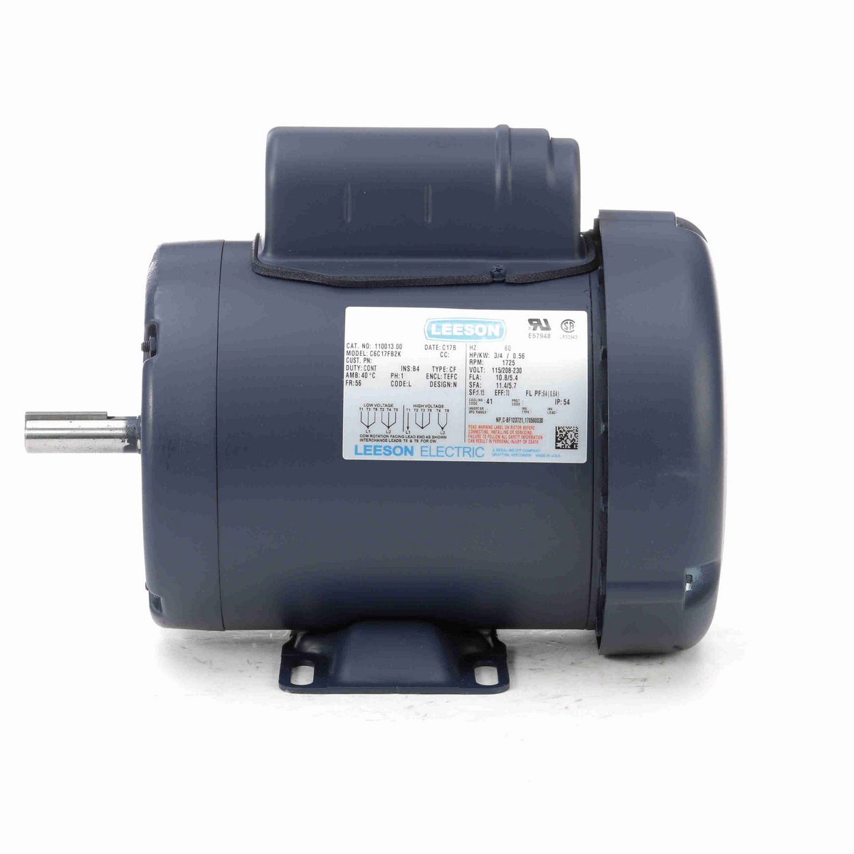 LEESON General Purpose Motor, 0.75 HP, 1 Ph, 60 Hz, 115/230 V, 1800 RPM, 56 Frame, TEFC - 110013.00