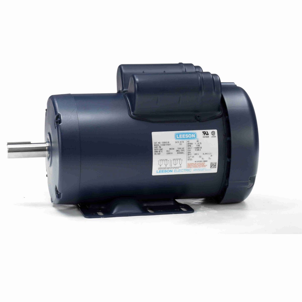 LEESON General Purpose Motor, 1 HP, 1 Ph, 60 Hz, 115/230 V, 1200 RPM, 145T Frame, TEFC - 120043.00