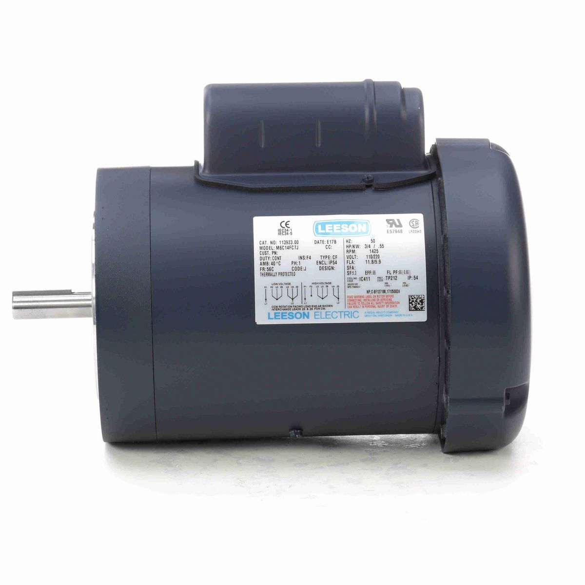 LEESON Special Voltage Motor, 0.75 HP, 1 Ph, 50 Hz, 110/220 V, 1500 RPM, 56C Frame, TEFC - 113923.00